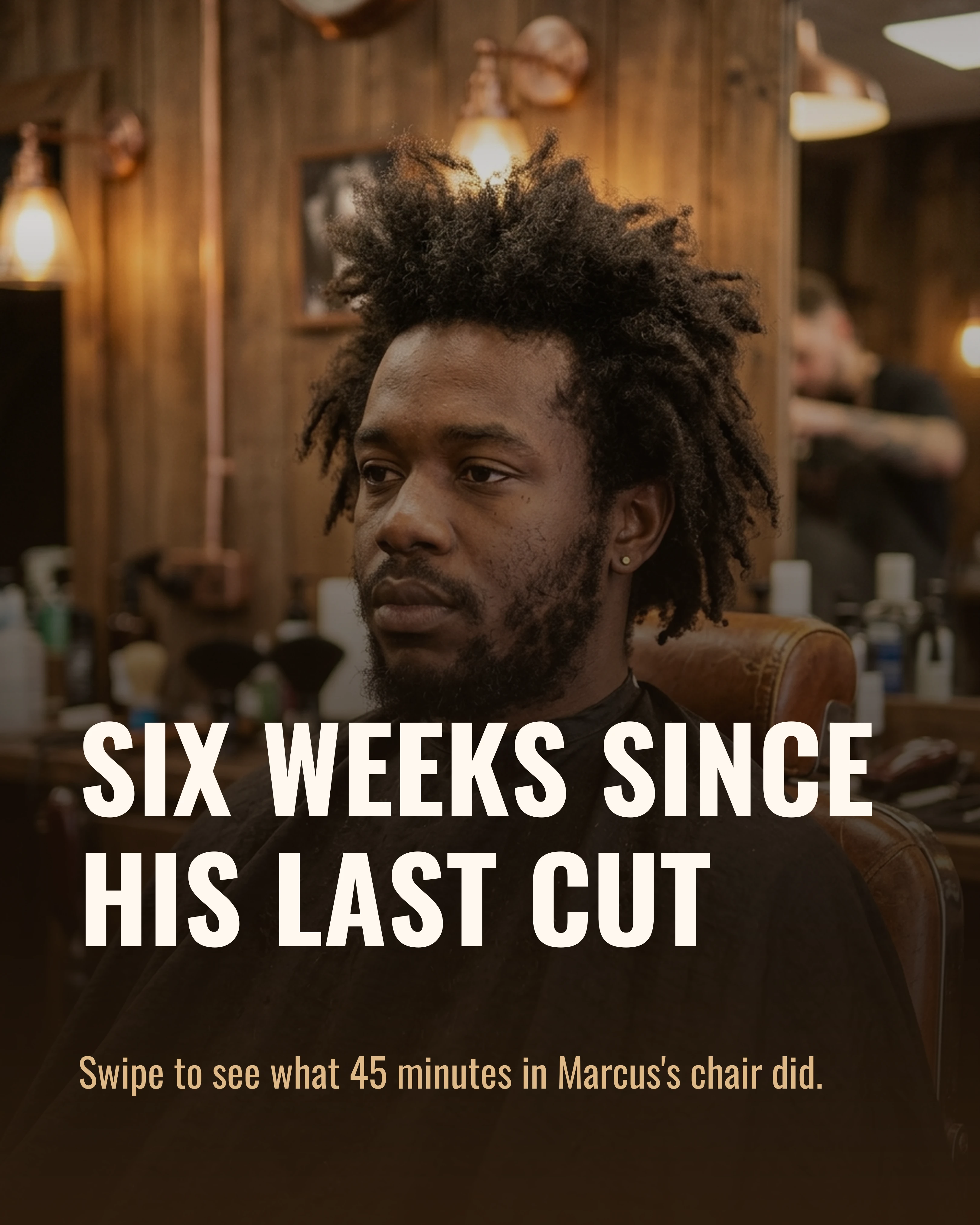 Cover slide: a client with six weeks of overgrown coily hair sitting in the barber chair