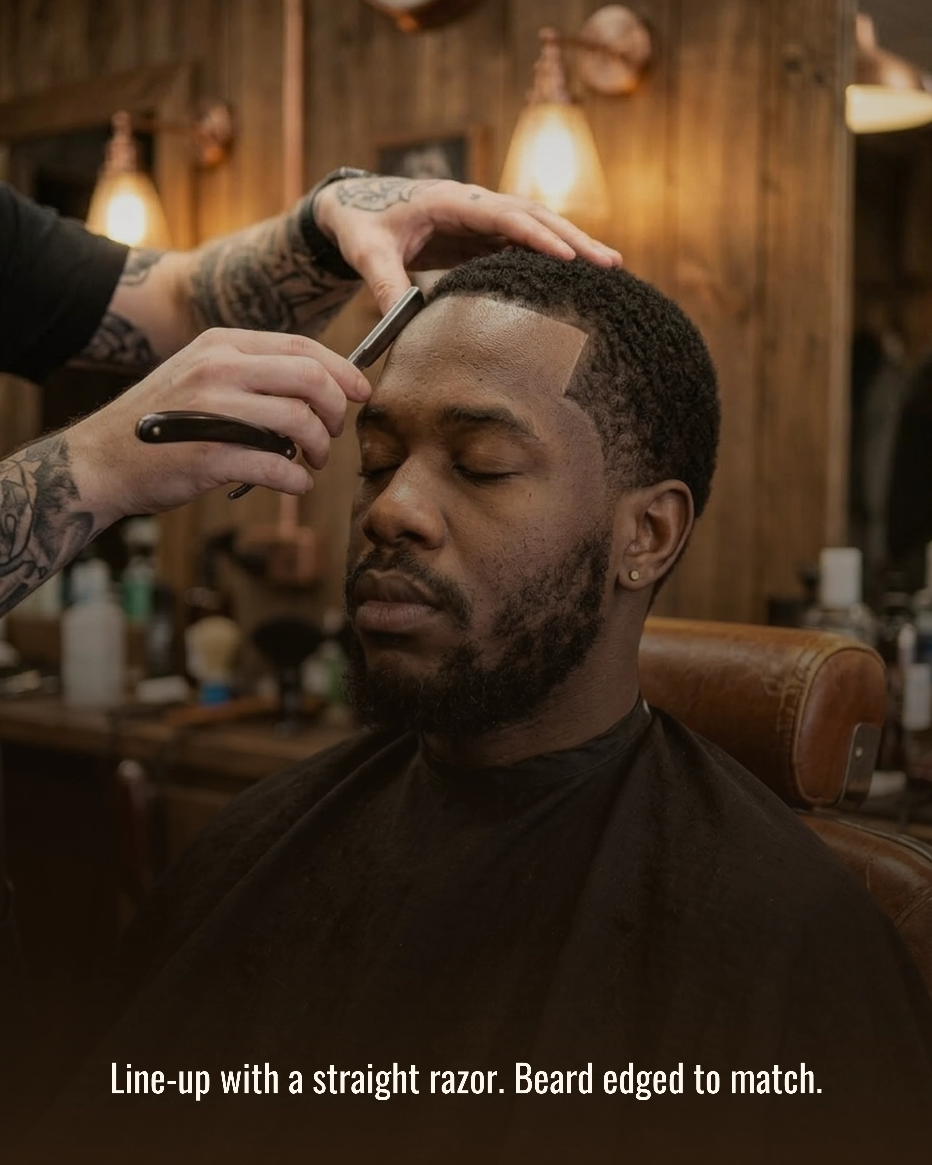 A straight razor lining up the client's temple