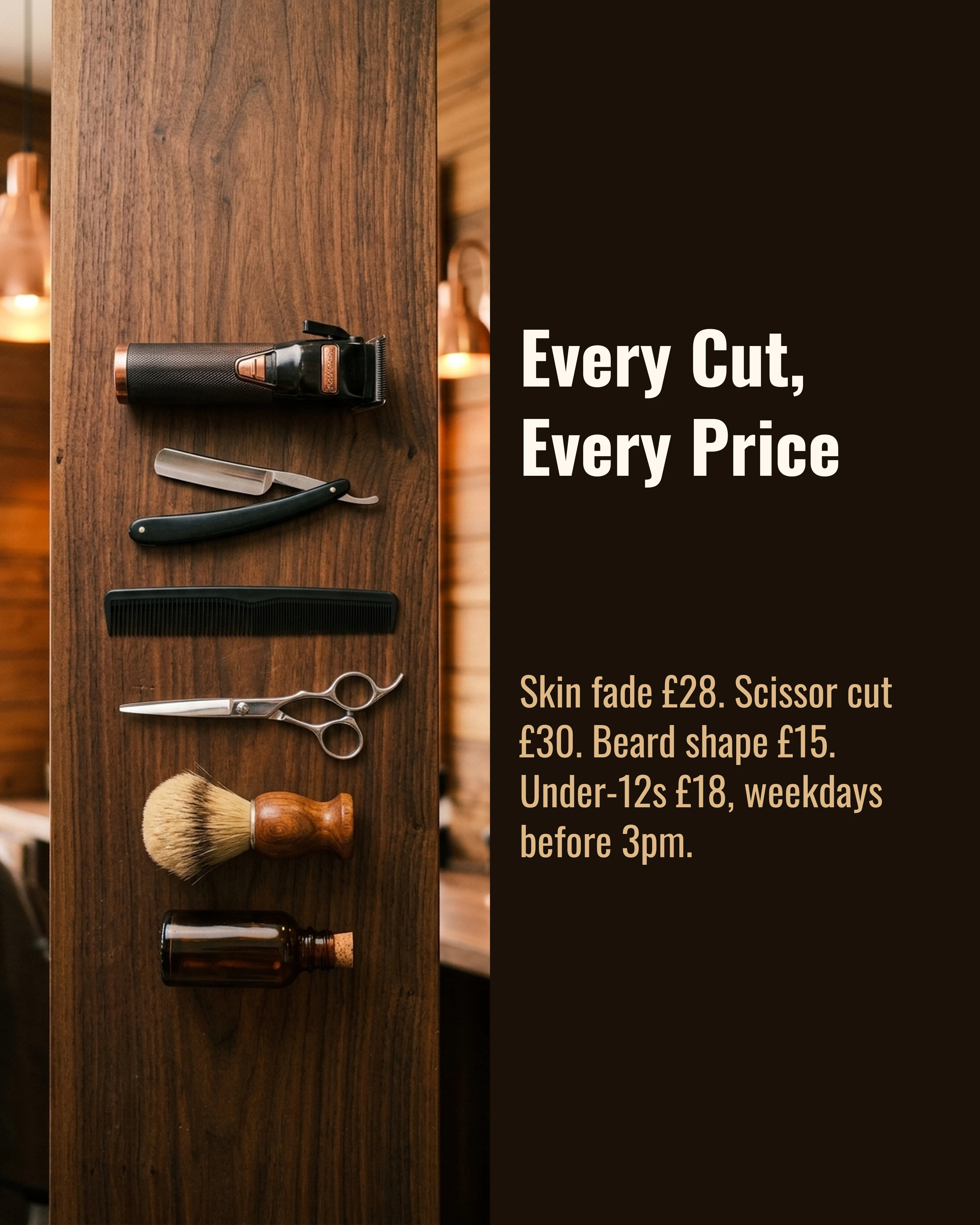 Price list slide beside barber tools on a wooden wall