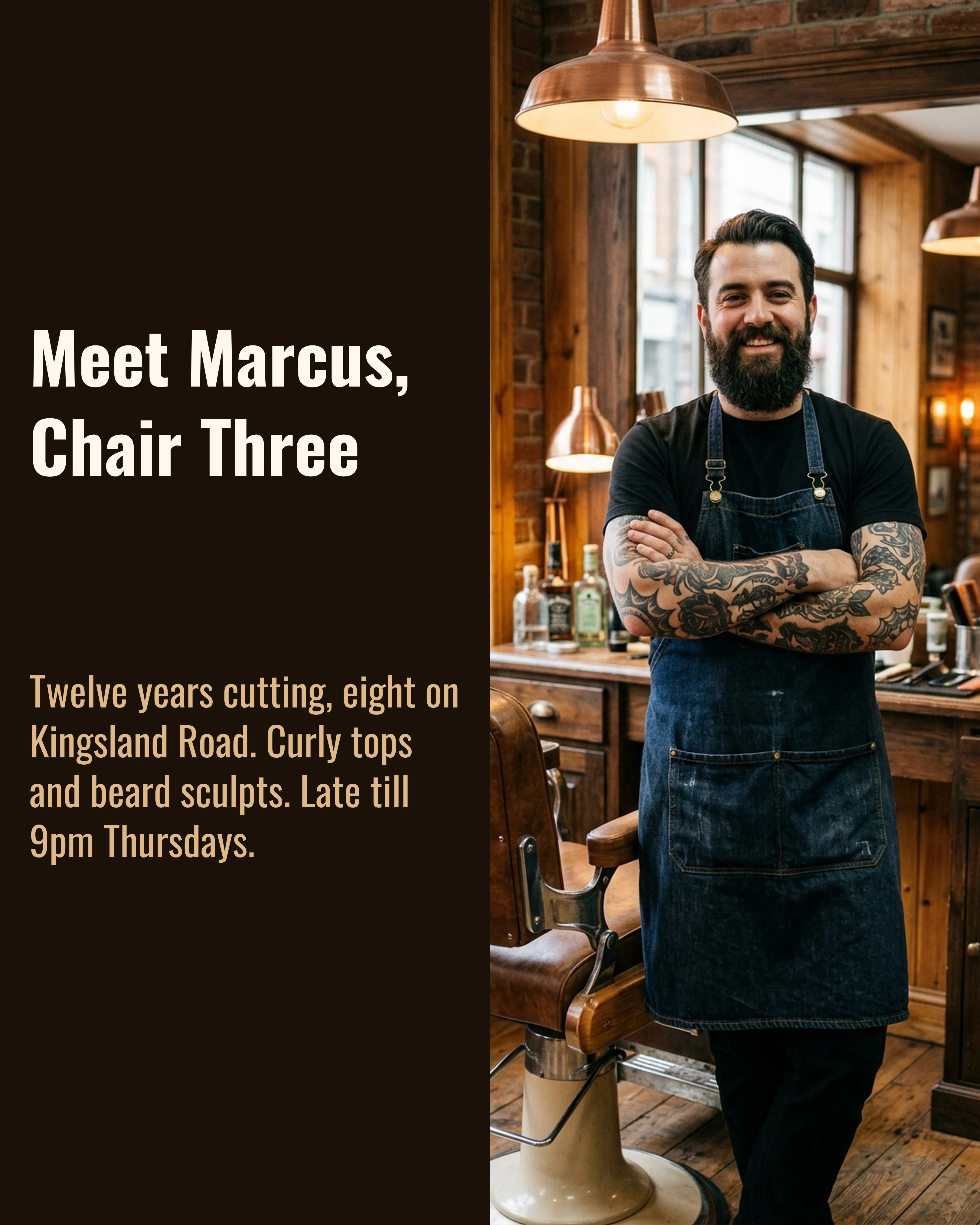 Meet the barber slide with a portrait of the barber by his chair