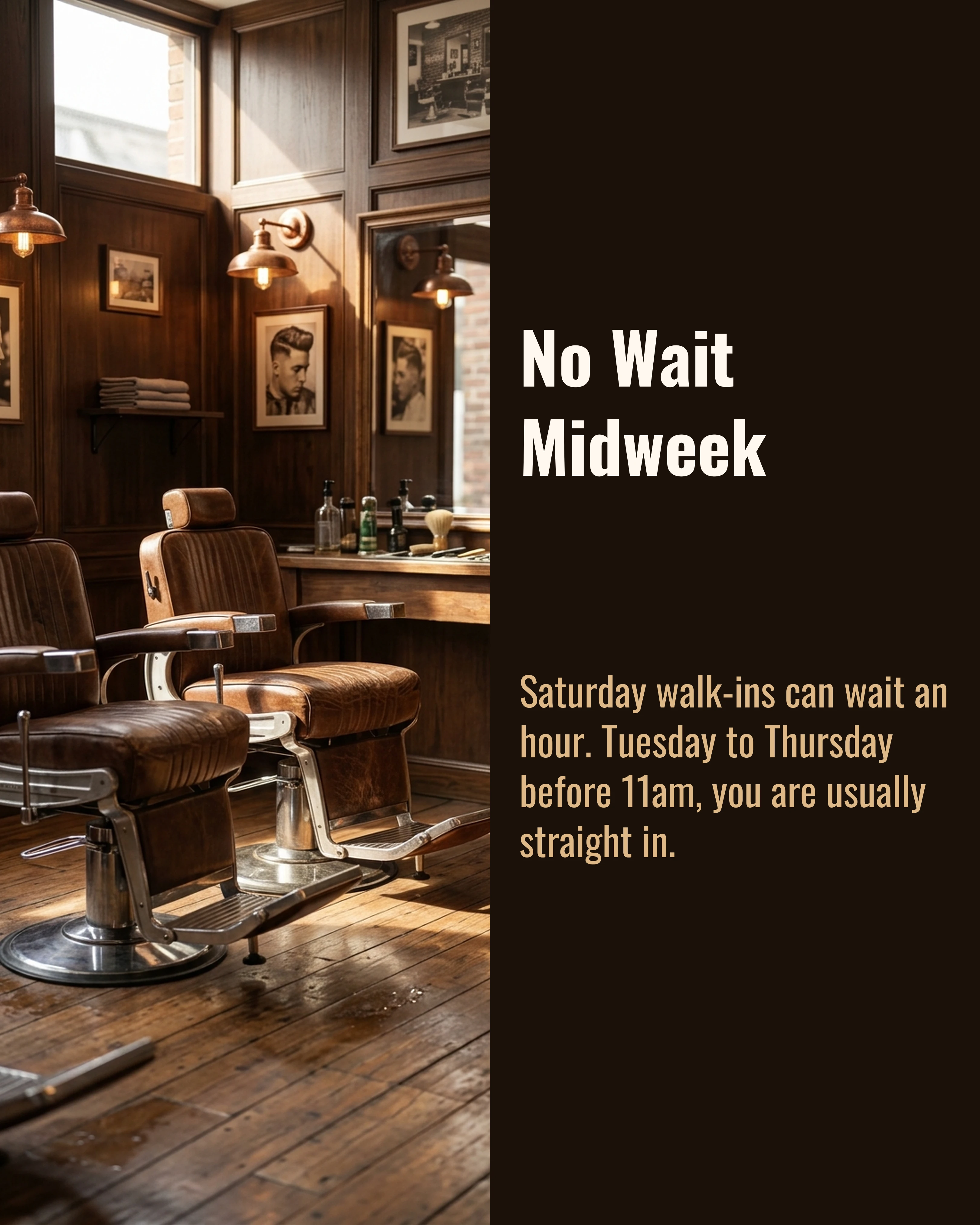 Quiet midweek morning slide showing empty barber chairs in sunlight