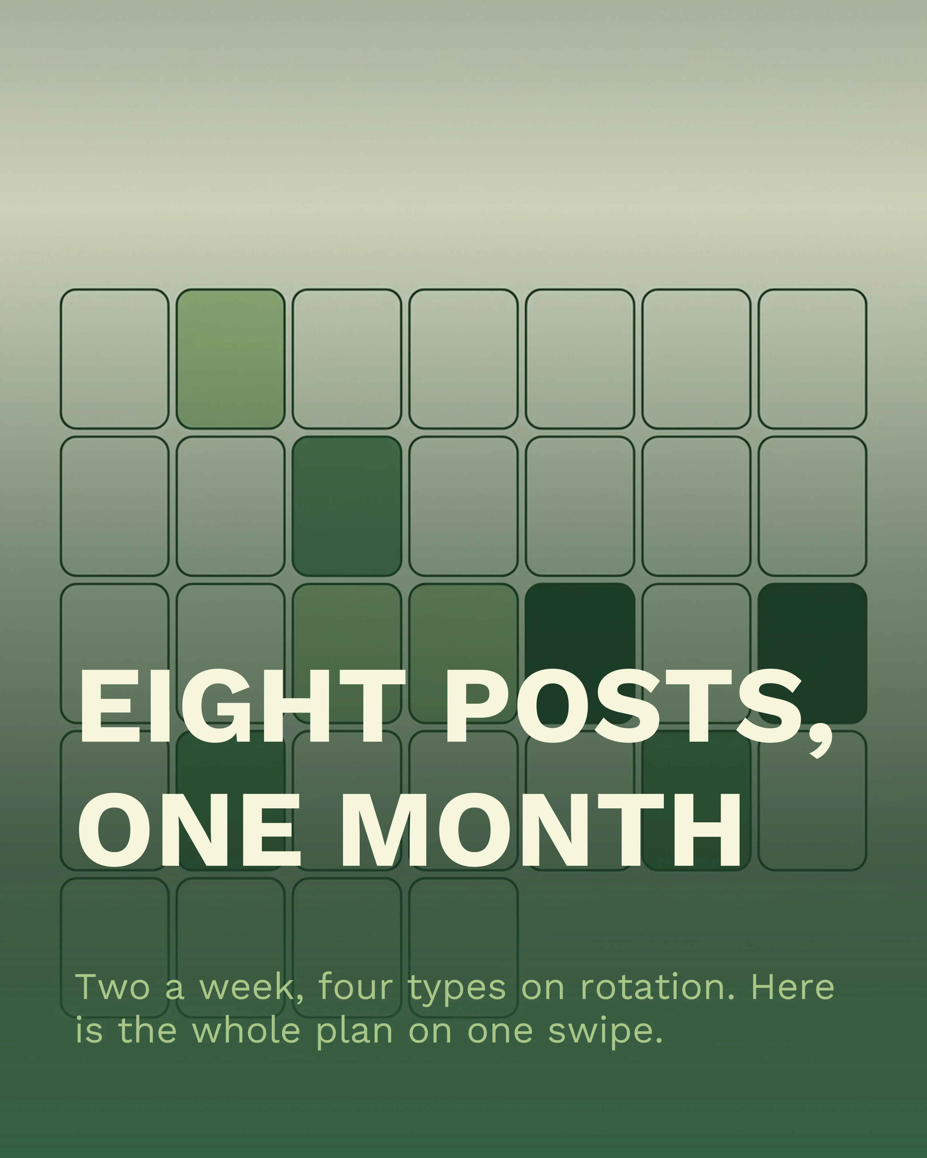 Cover slide: eight posts, one month