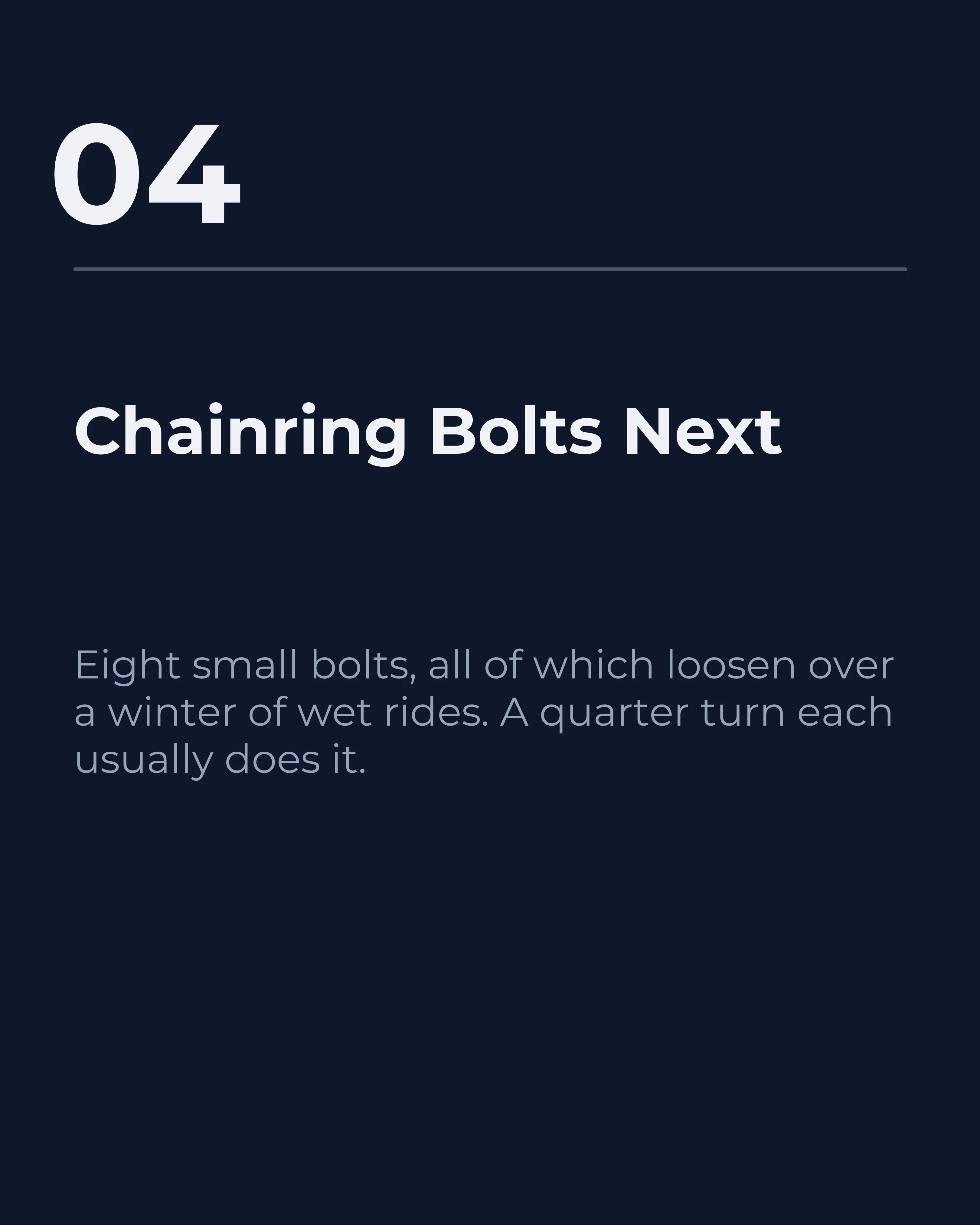 Slide four: chainring bolts next