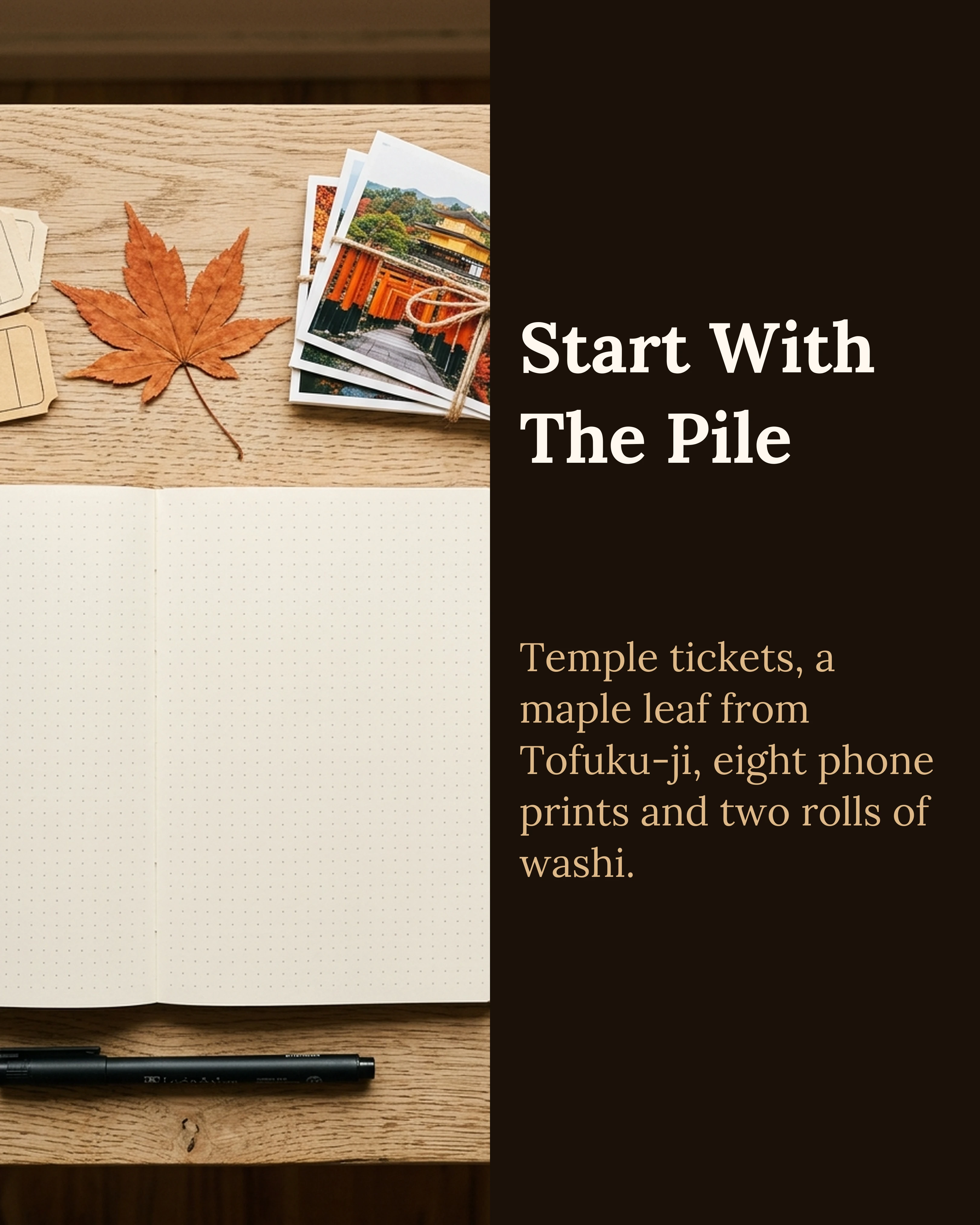 Materials laid out beside an empty journal