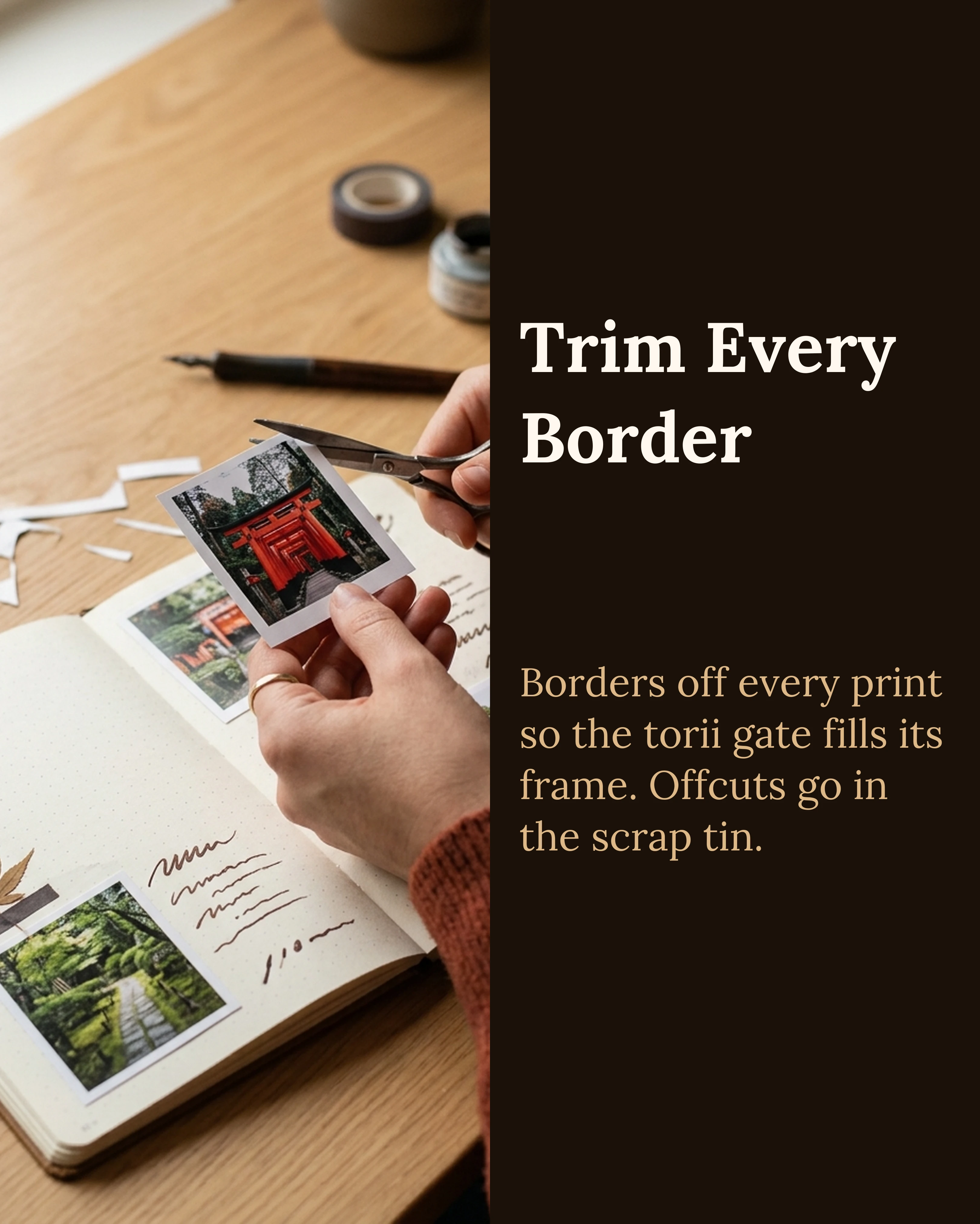 Trimming a torii gate print with scissors