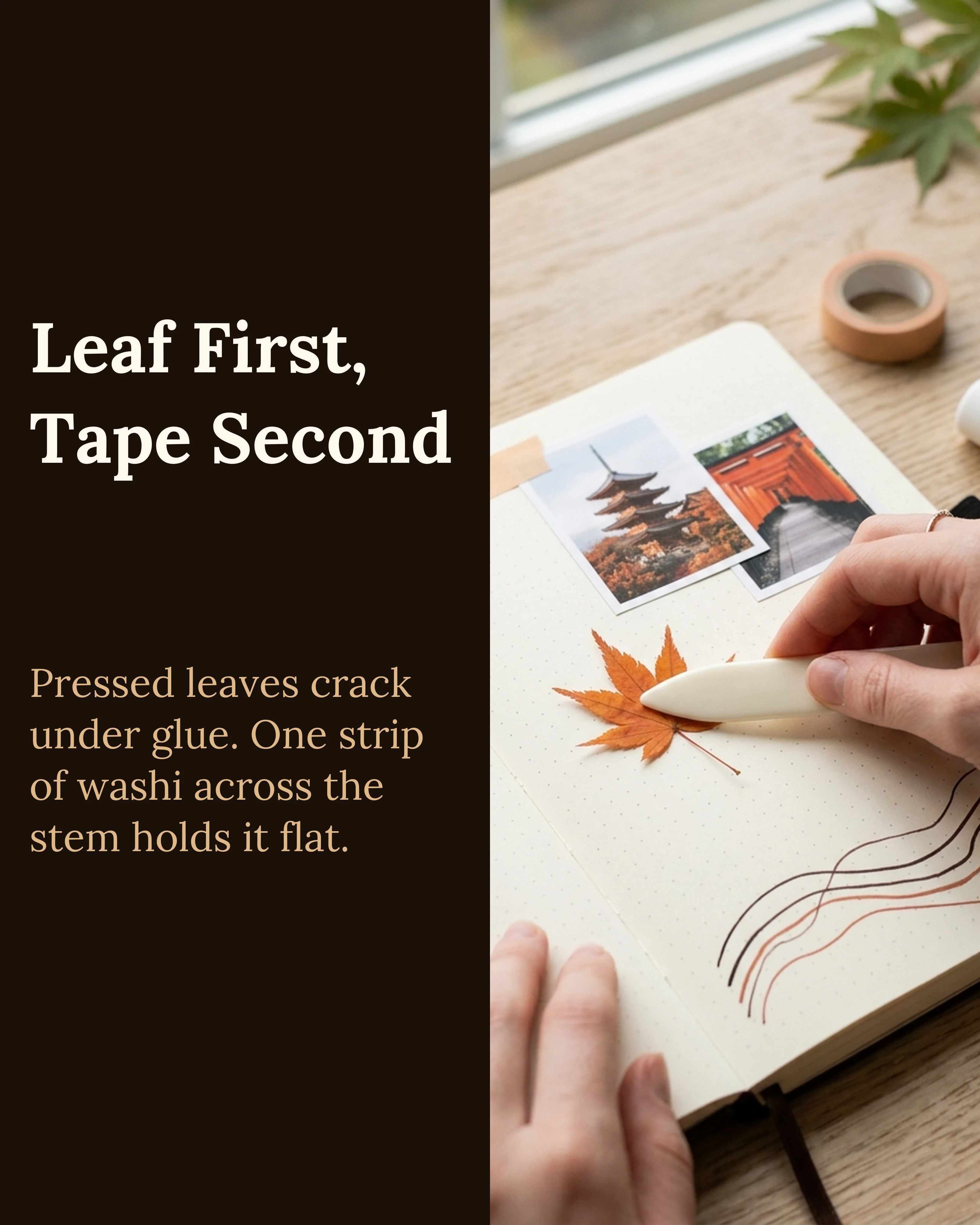 Pressing a maple leaf onto the page with a bone folder