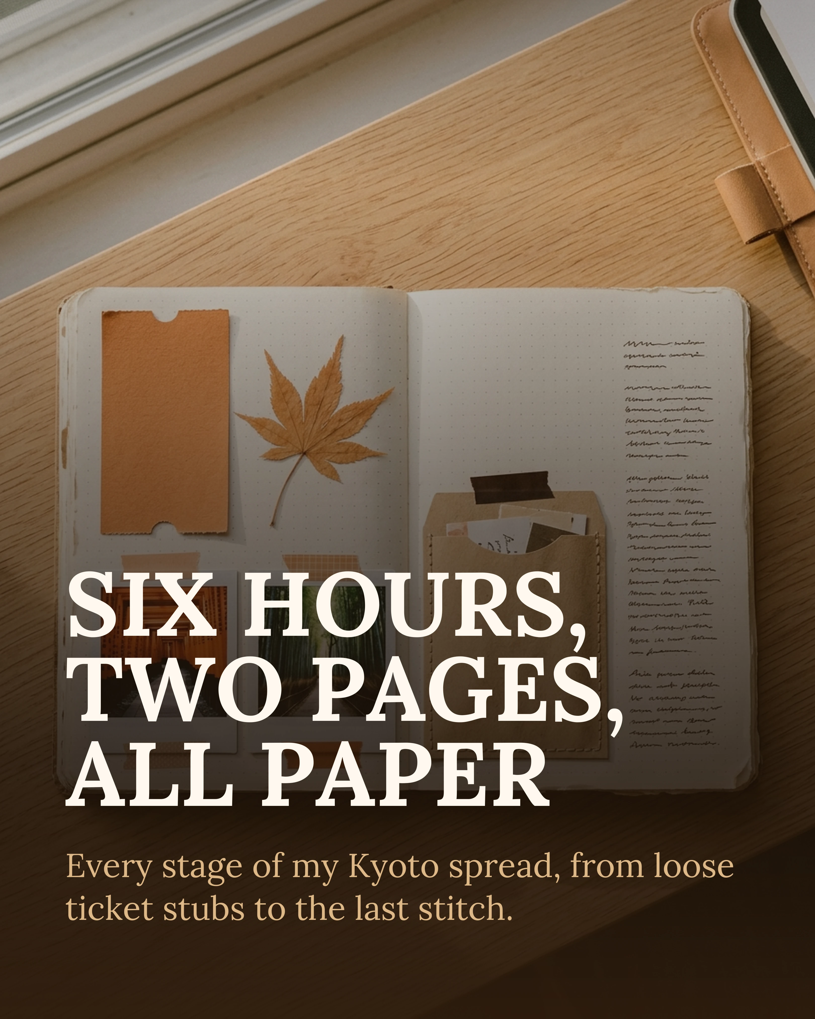 Cover: finished Kyoto journal spread, "Six Hours, Two Pages, All Paper"