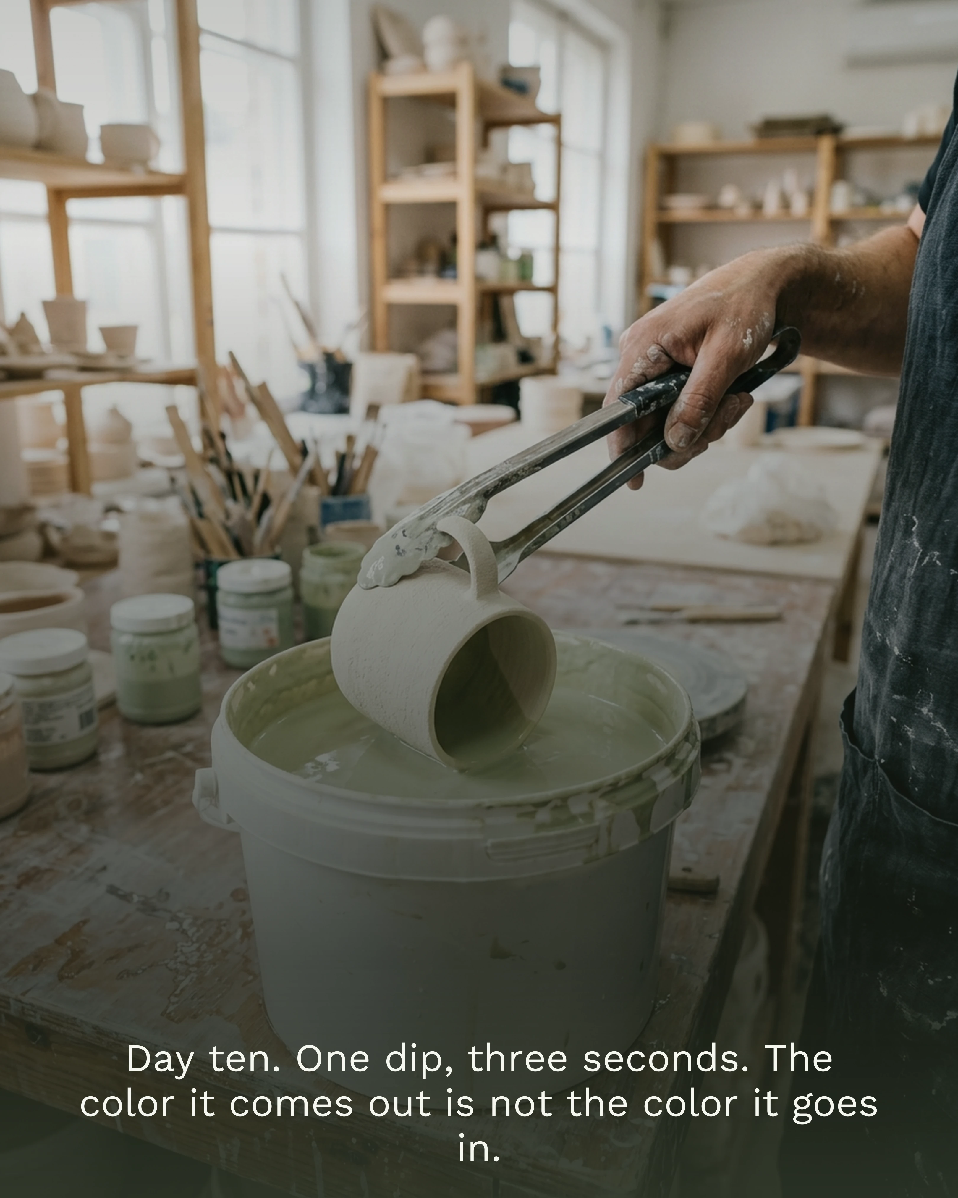 Dipping the bisque mug in glaze