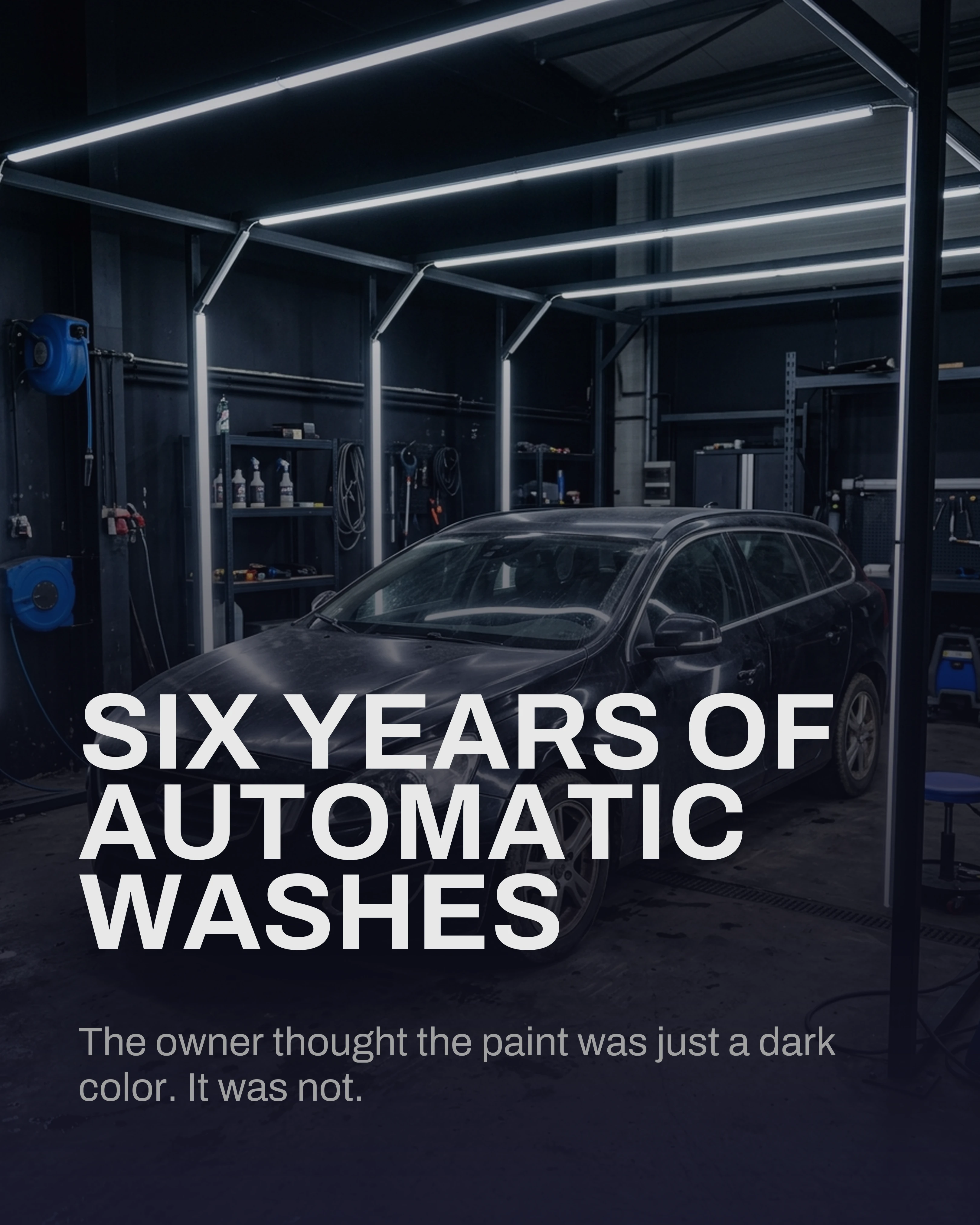 Cover slide: a black car with dull swirled paint in the bay