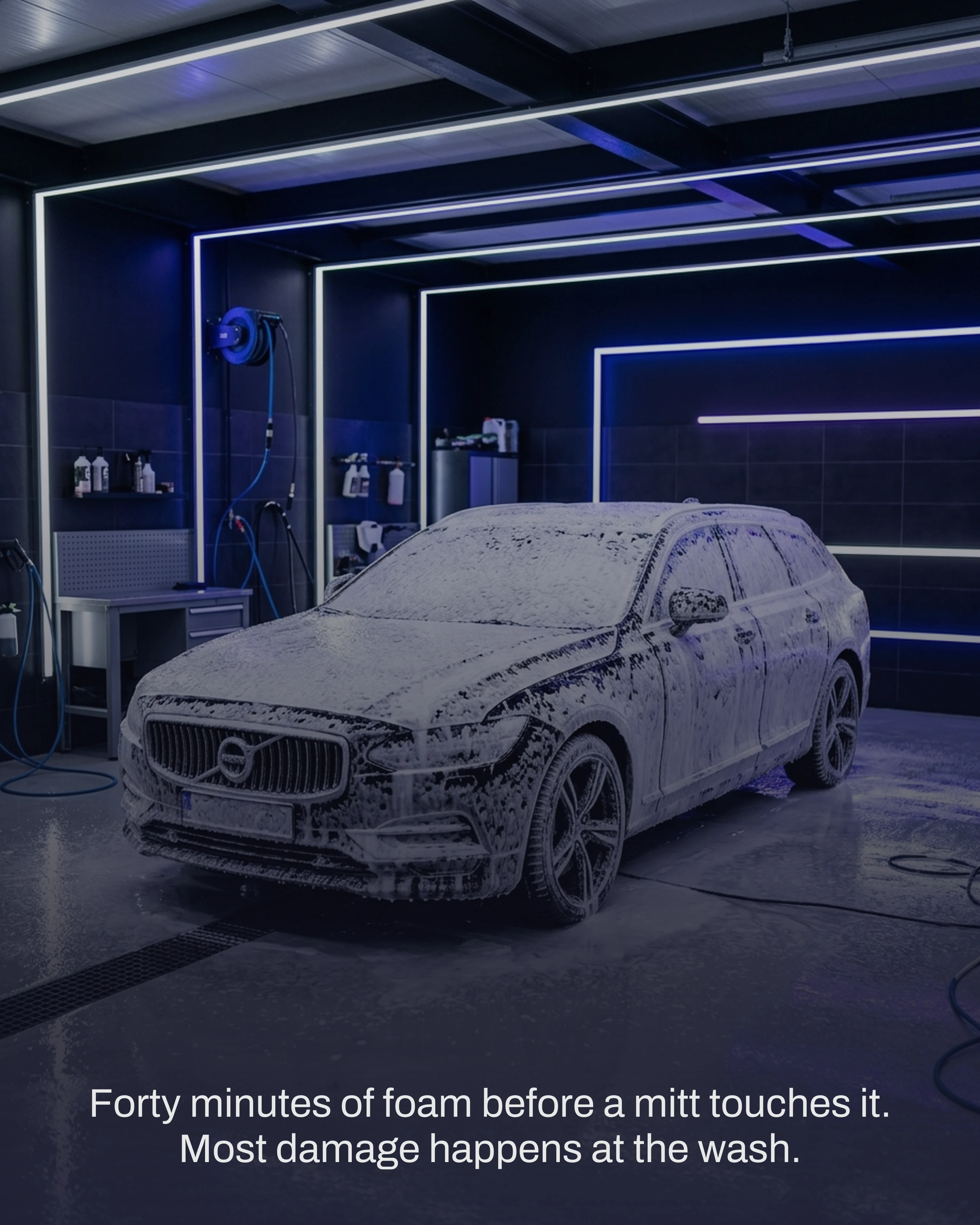 The car covered in snow foam