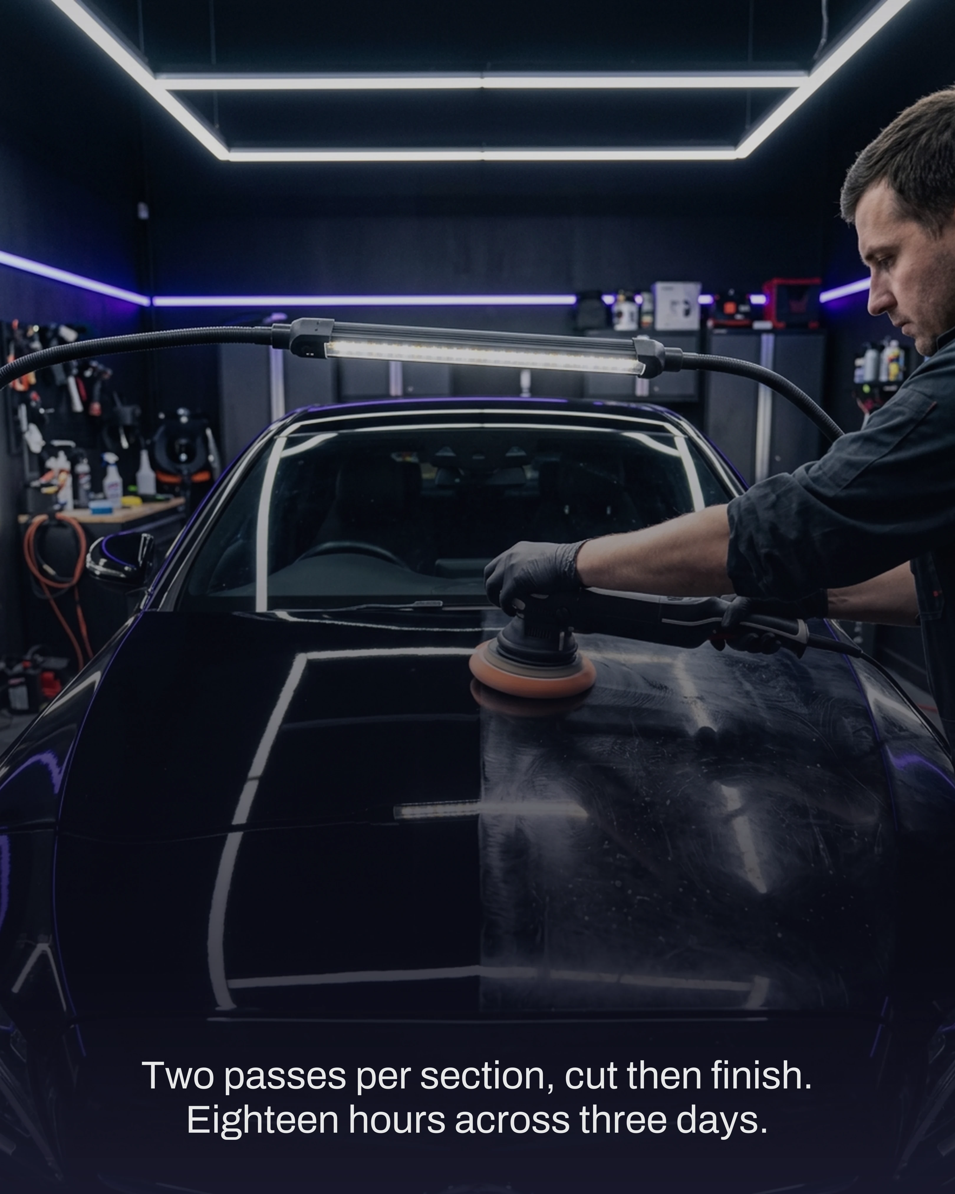 Machine polishing one section under an inspection lamp