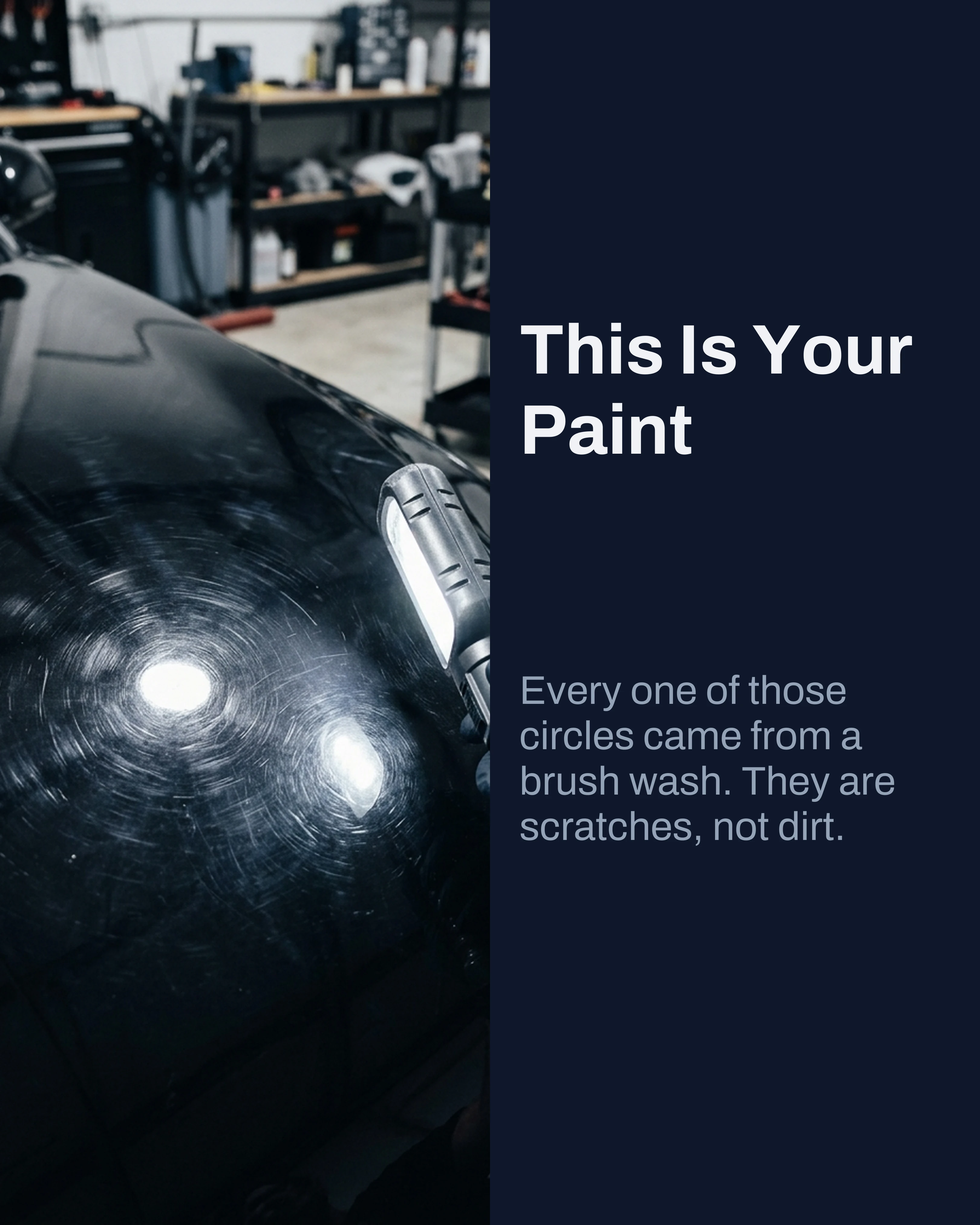 Swirl marks lit up across dark paint by an inspection lamp