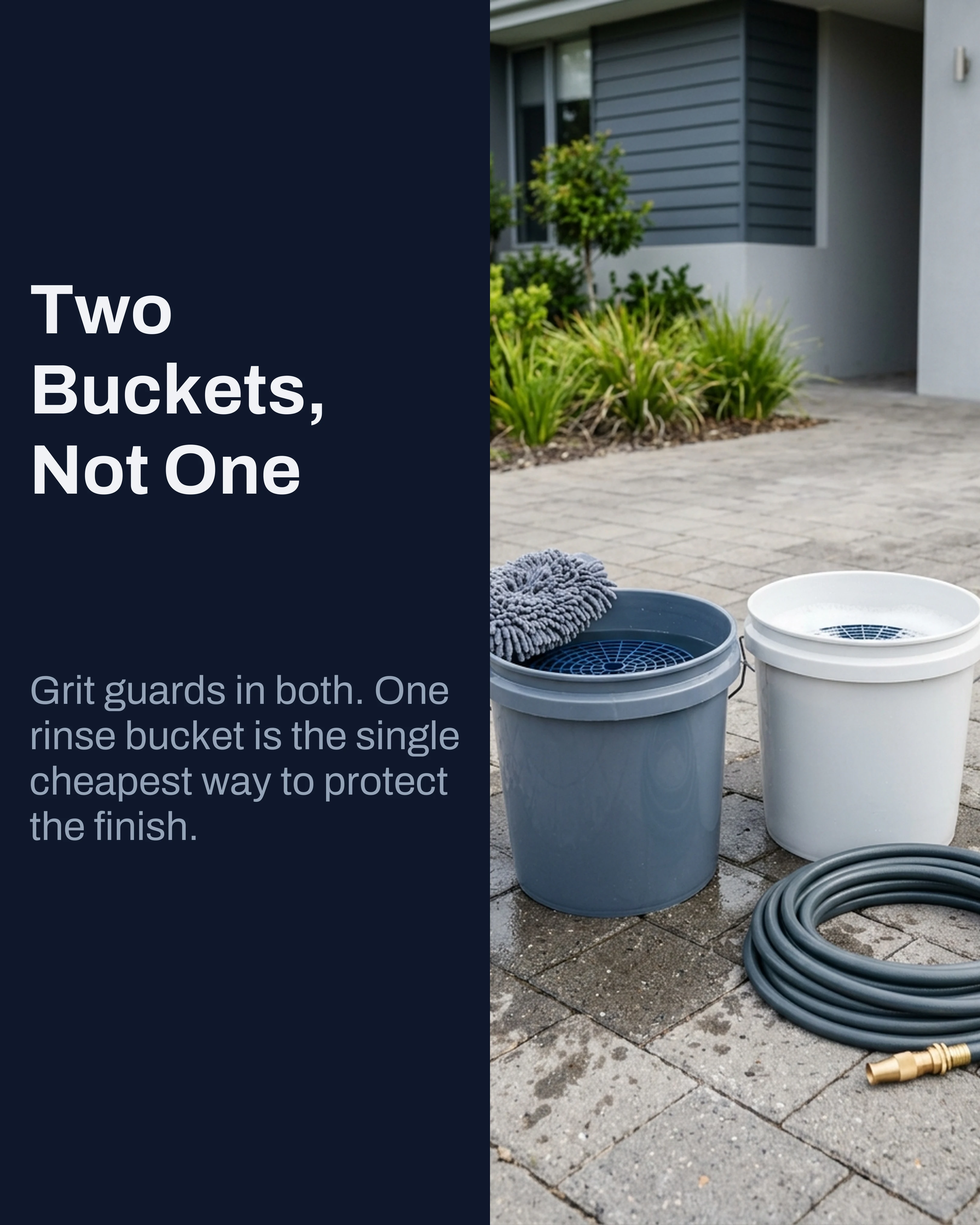 Two buckets with grit guards and a wash mitt on a driveway
