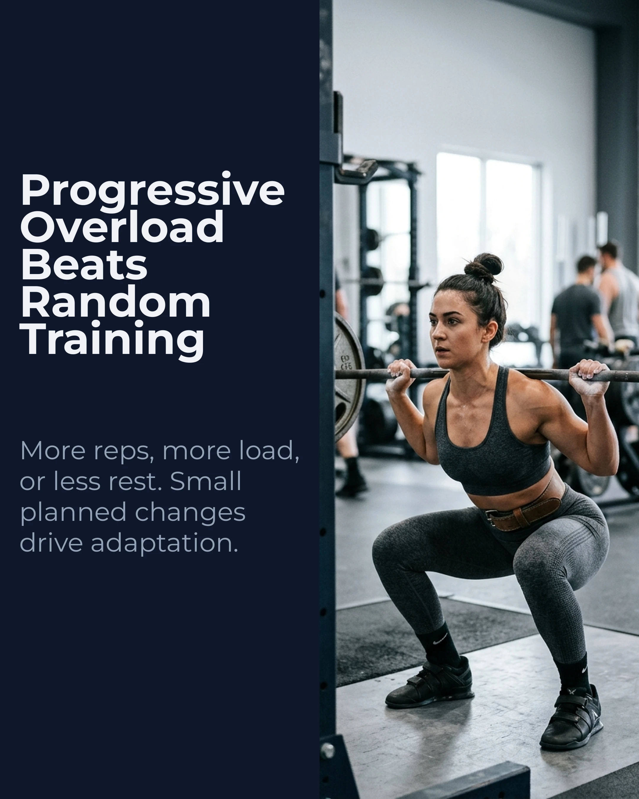 Fitness coach progressive overload carousel slide example with photographic gym image