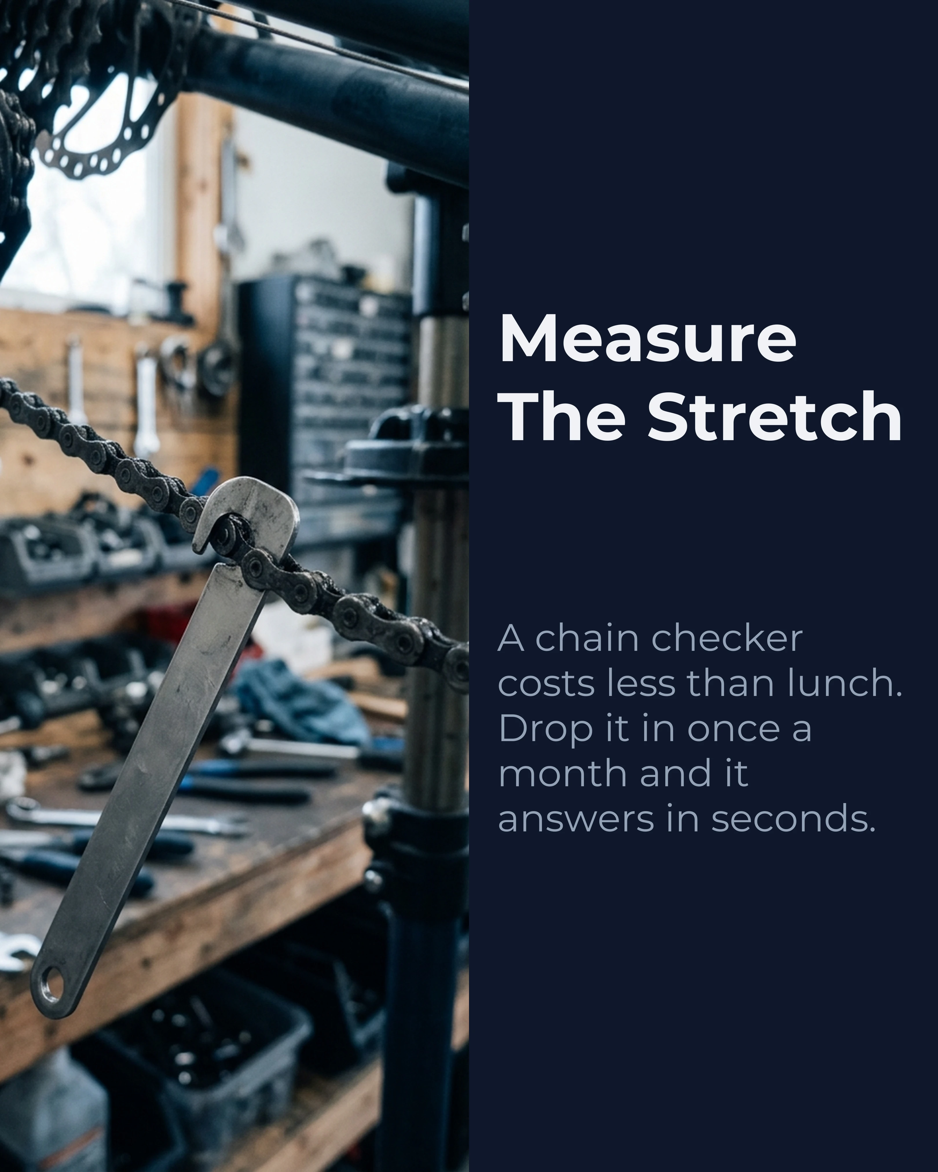Slide 6: Measure the stretch, with a chain checker tool on a chain