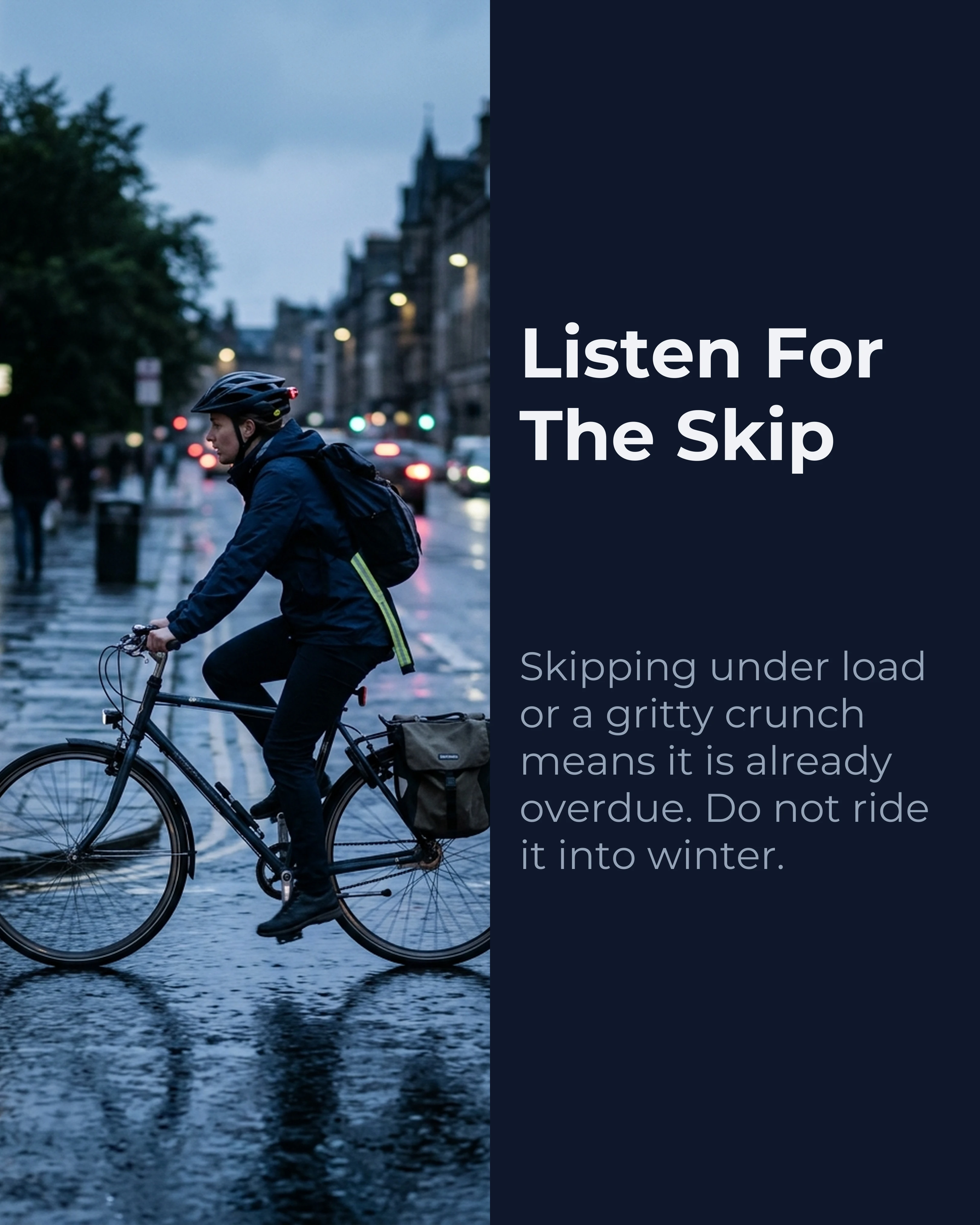 Slide 8: Listen for the skip, with a commuter cycling in the rain
