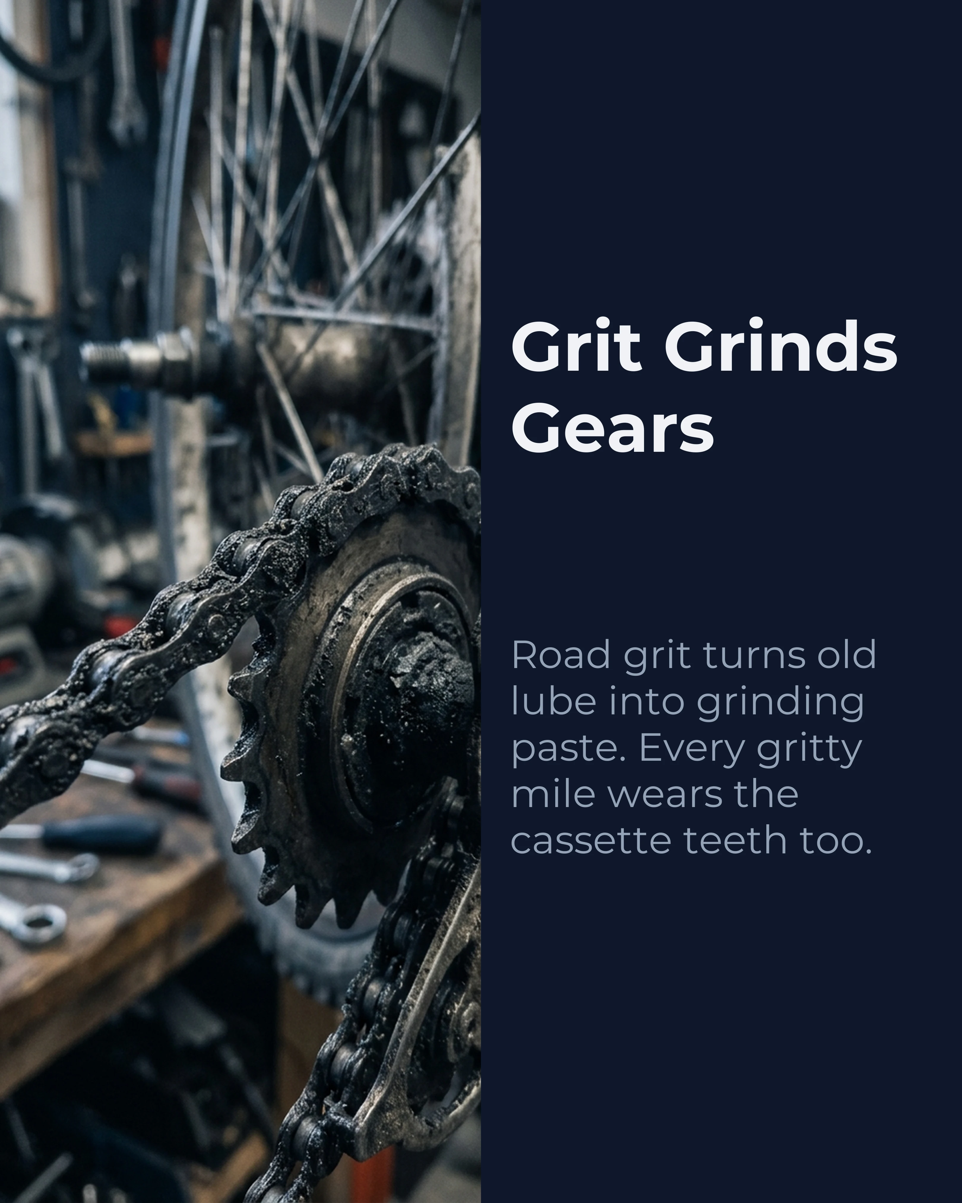 Slide 2: Grit grinds gears, with a close-up of a gritty chain
