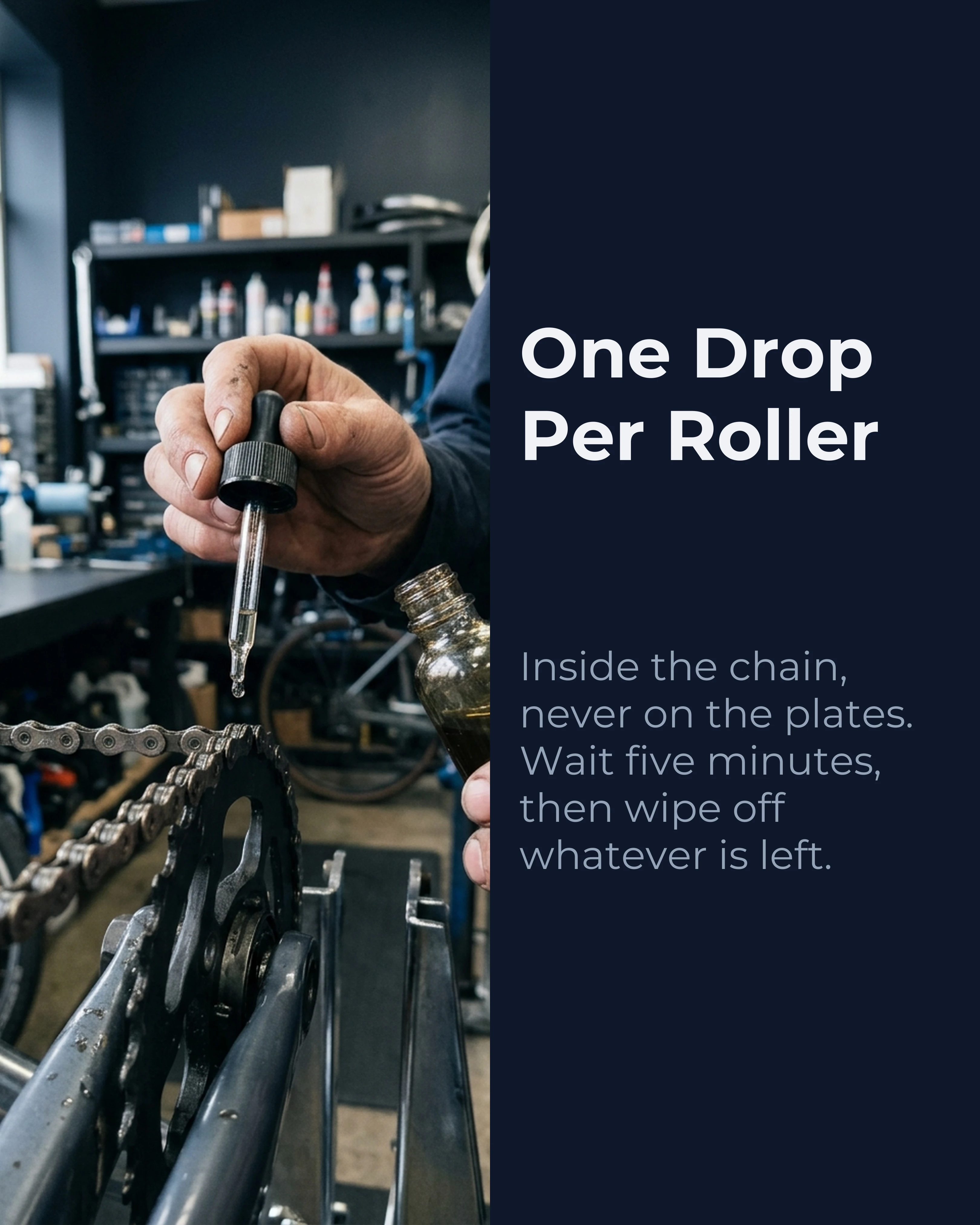 Slide 4: One drop per roller, with a dropper oiling a chain
