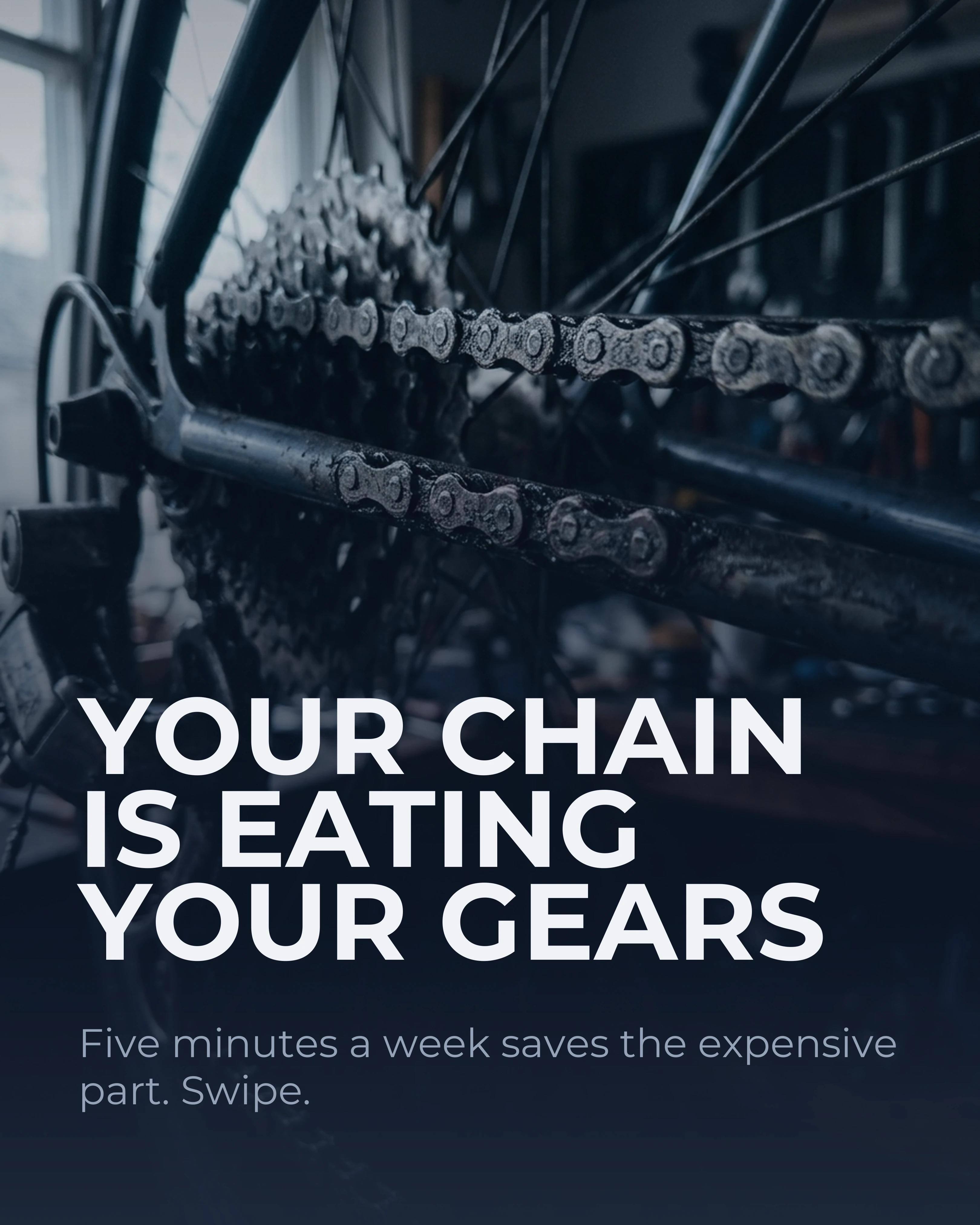 Cover slide: Your chain is eating your gears, over a close-up of a grimy chain