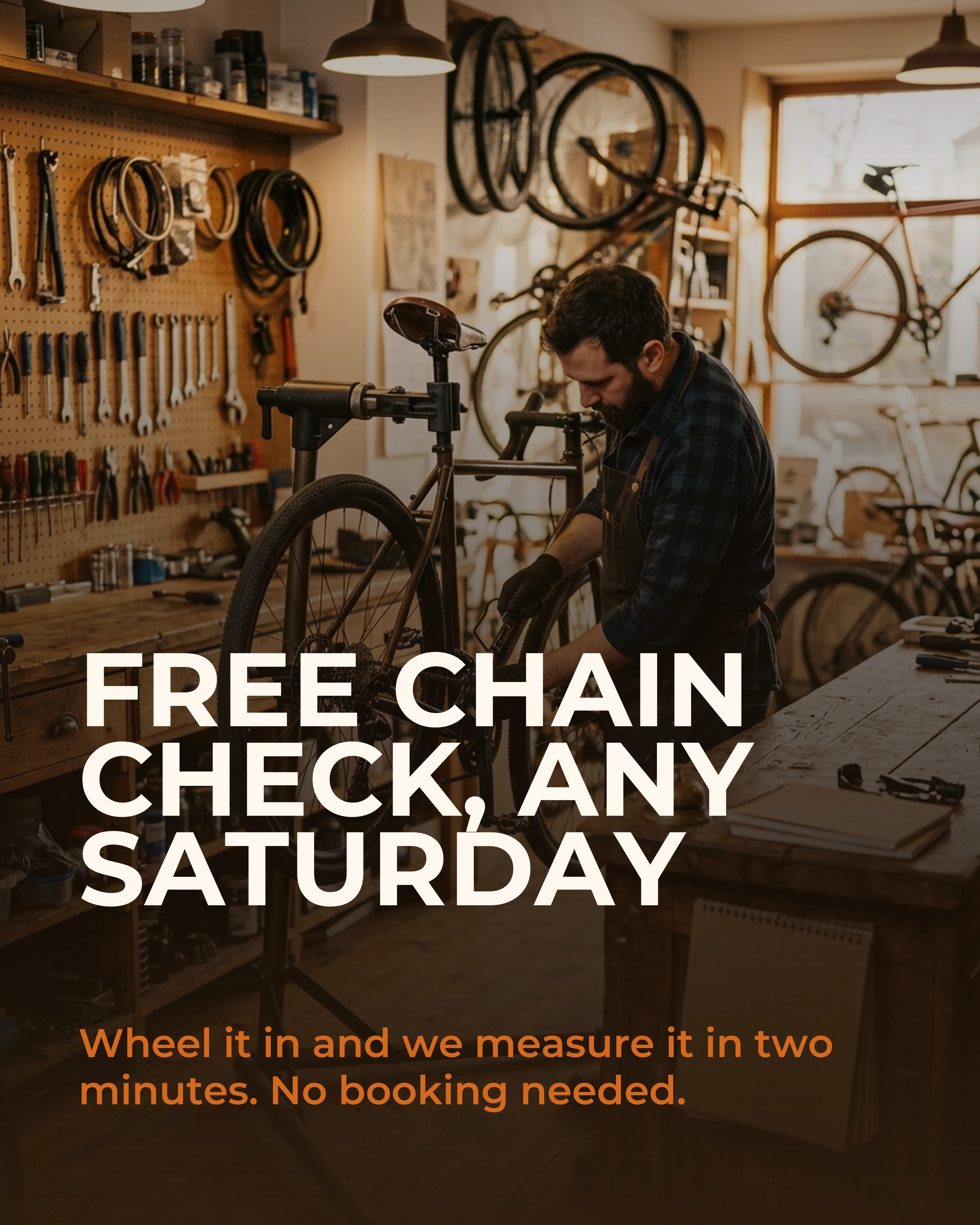 Closing slide: Free chain check, any Saturday, in a warm-lit bike shop