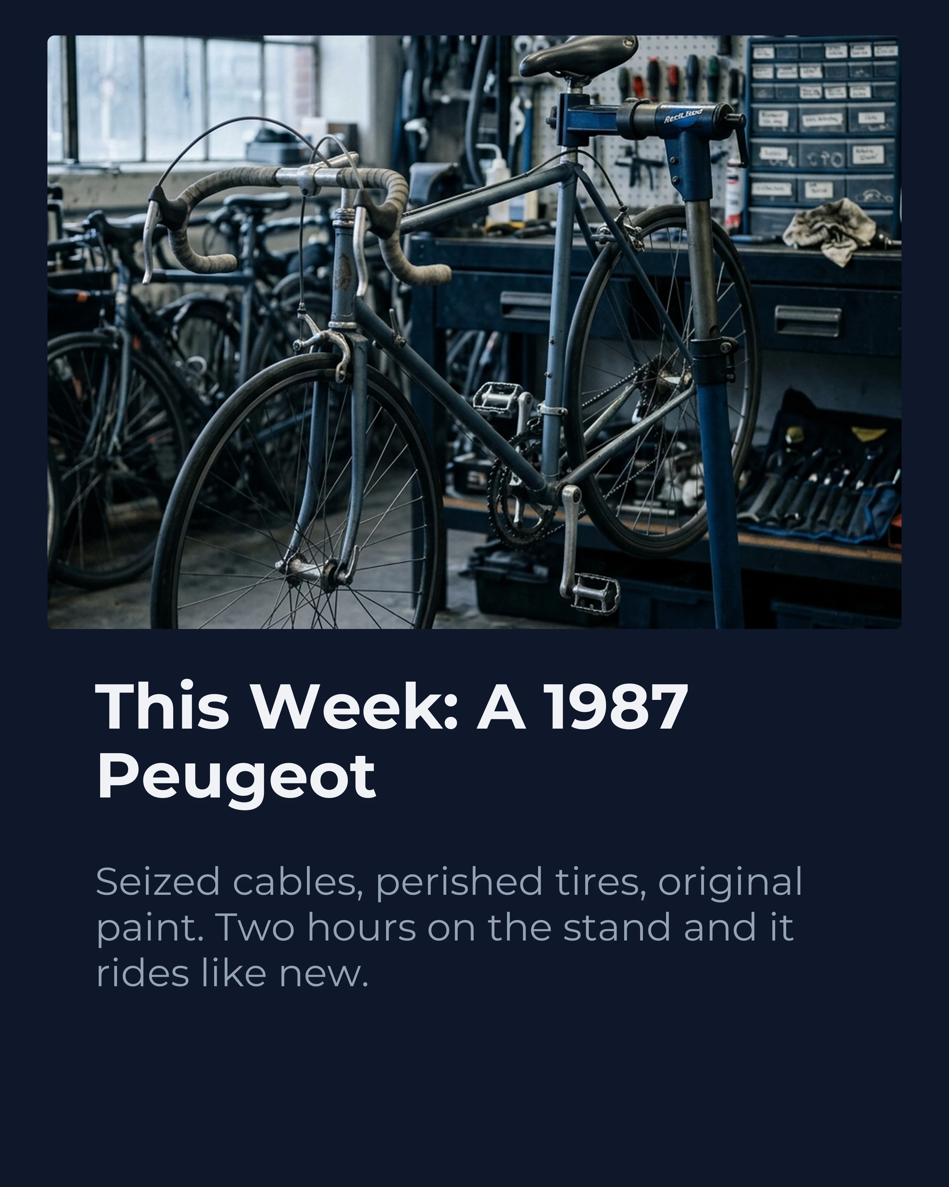 Repair of the week slide showing a 1987 Peugeot road bike on a repair stand