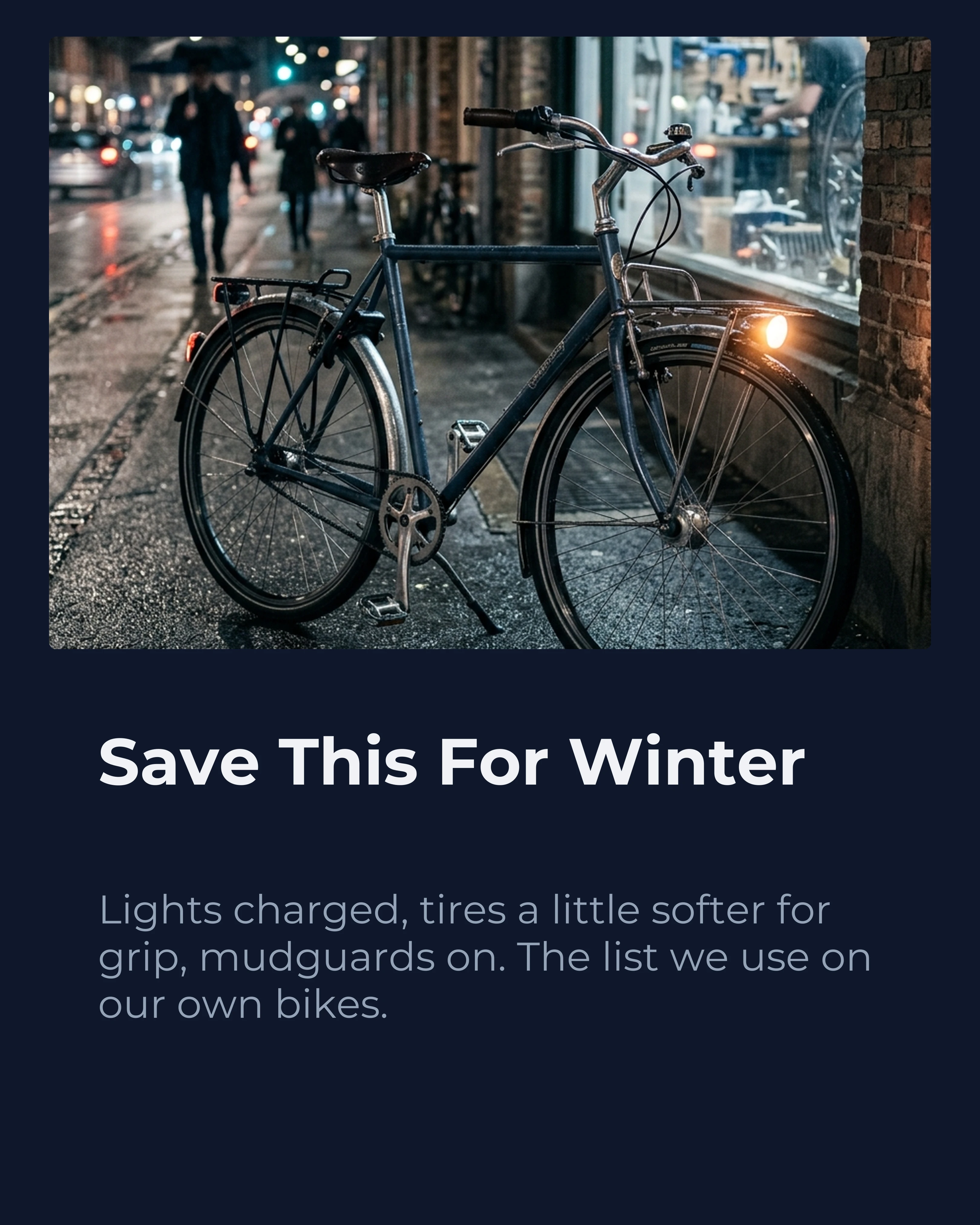 Winter checklist slide showing a city bike with lights and mudguards on a wet street
