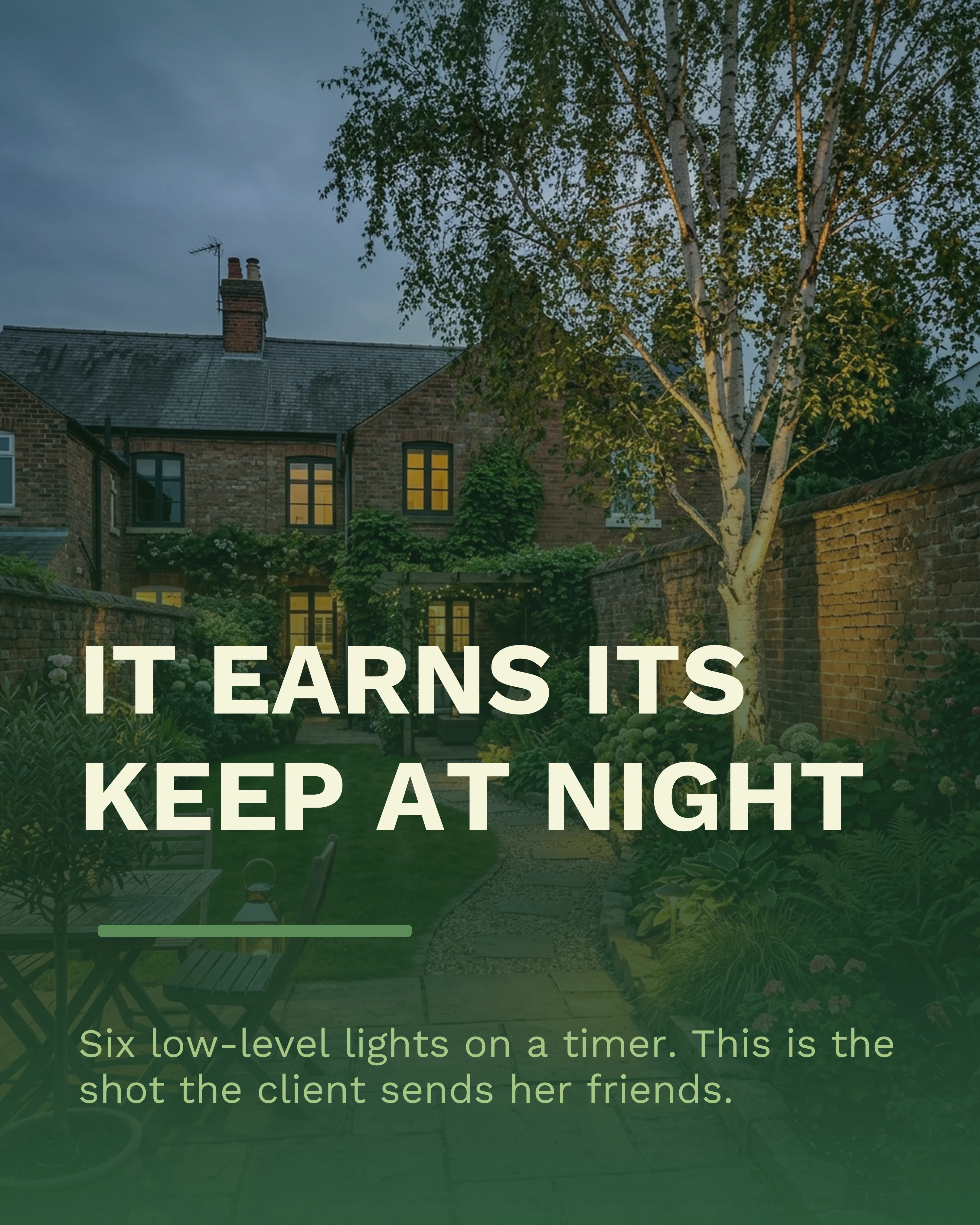 The finished garden at dusk with lighting on