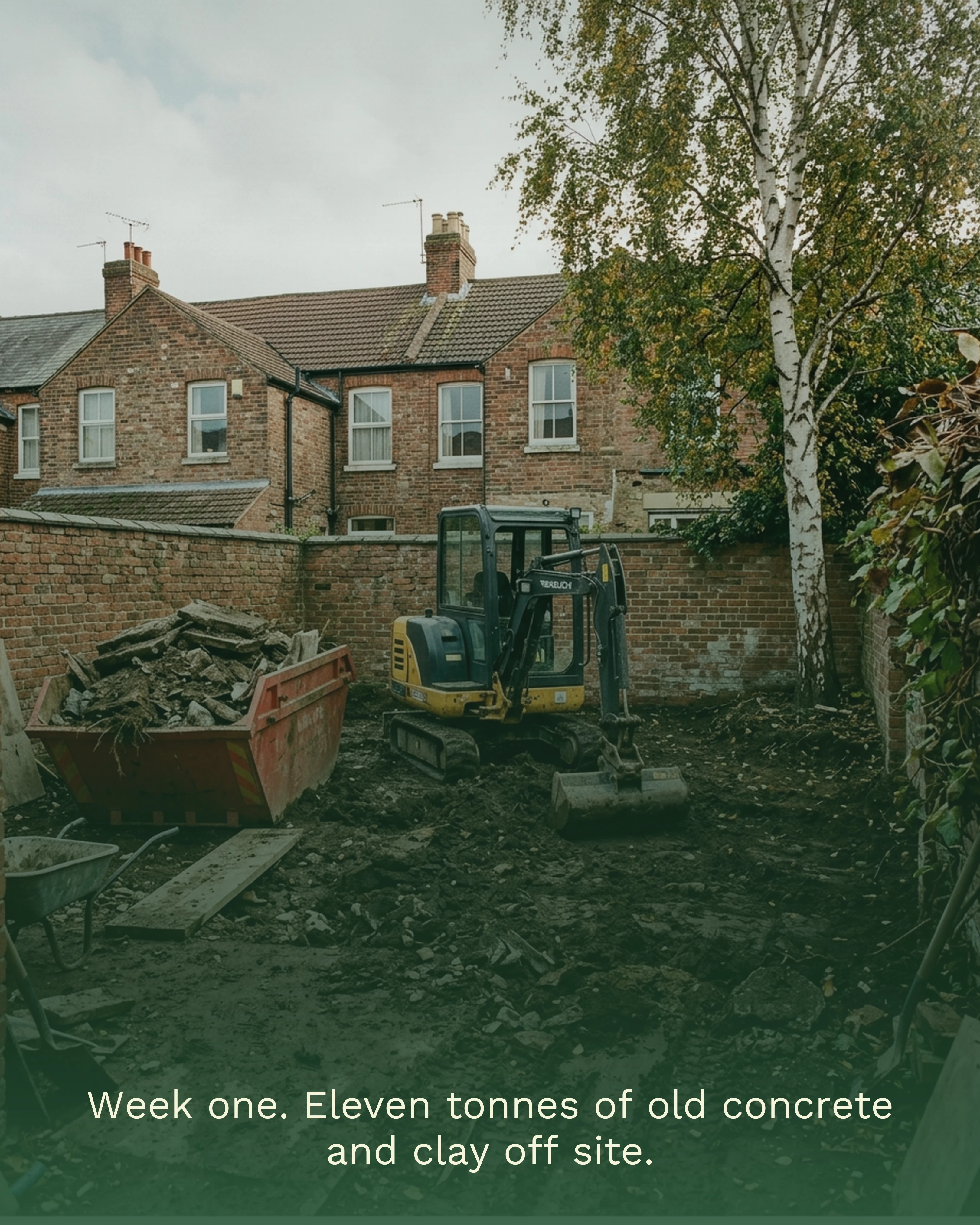 Strip-out week, digger and skip on site