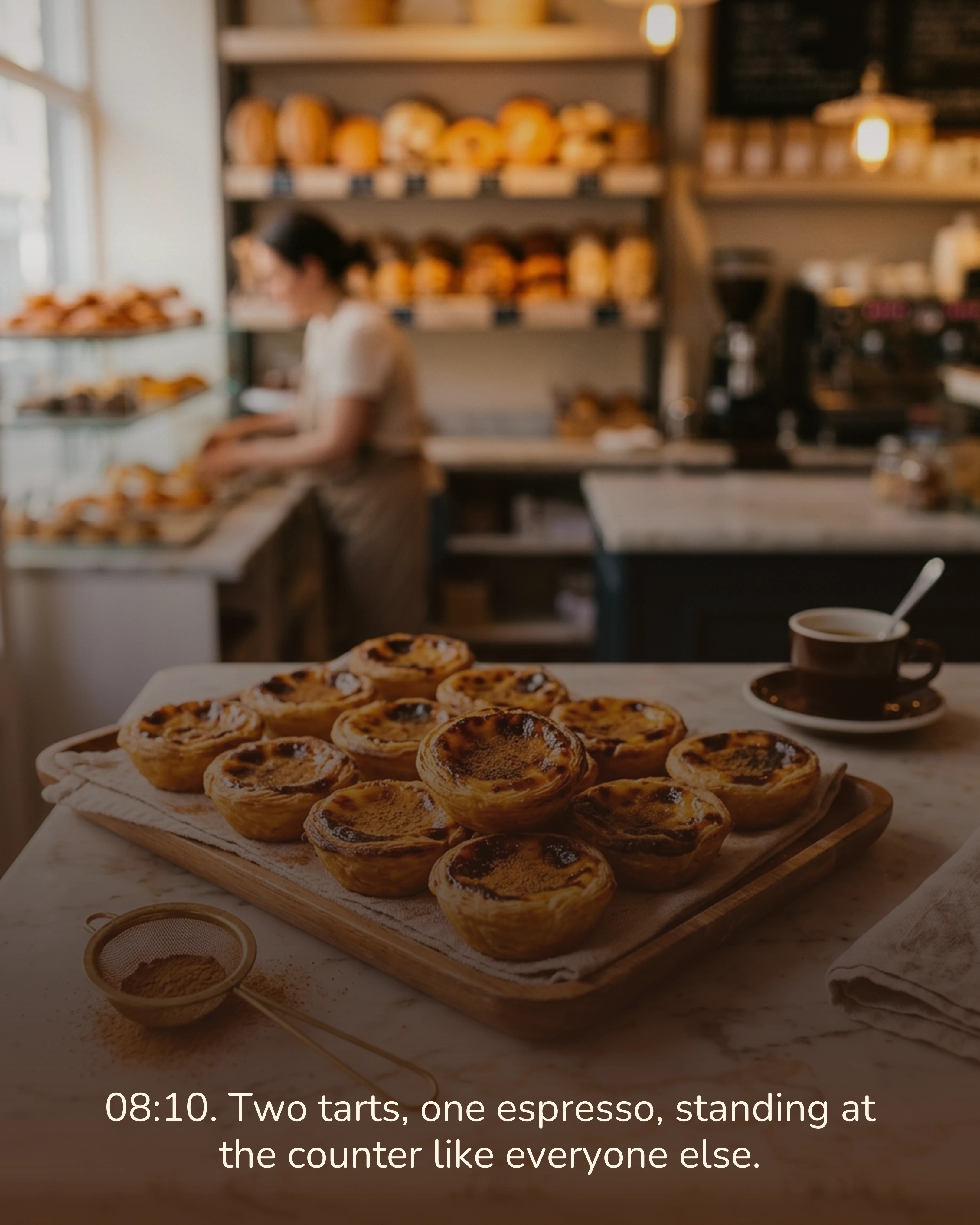 Custard tarts at a bakery counter in the morning