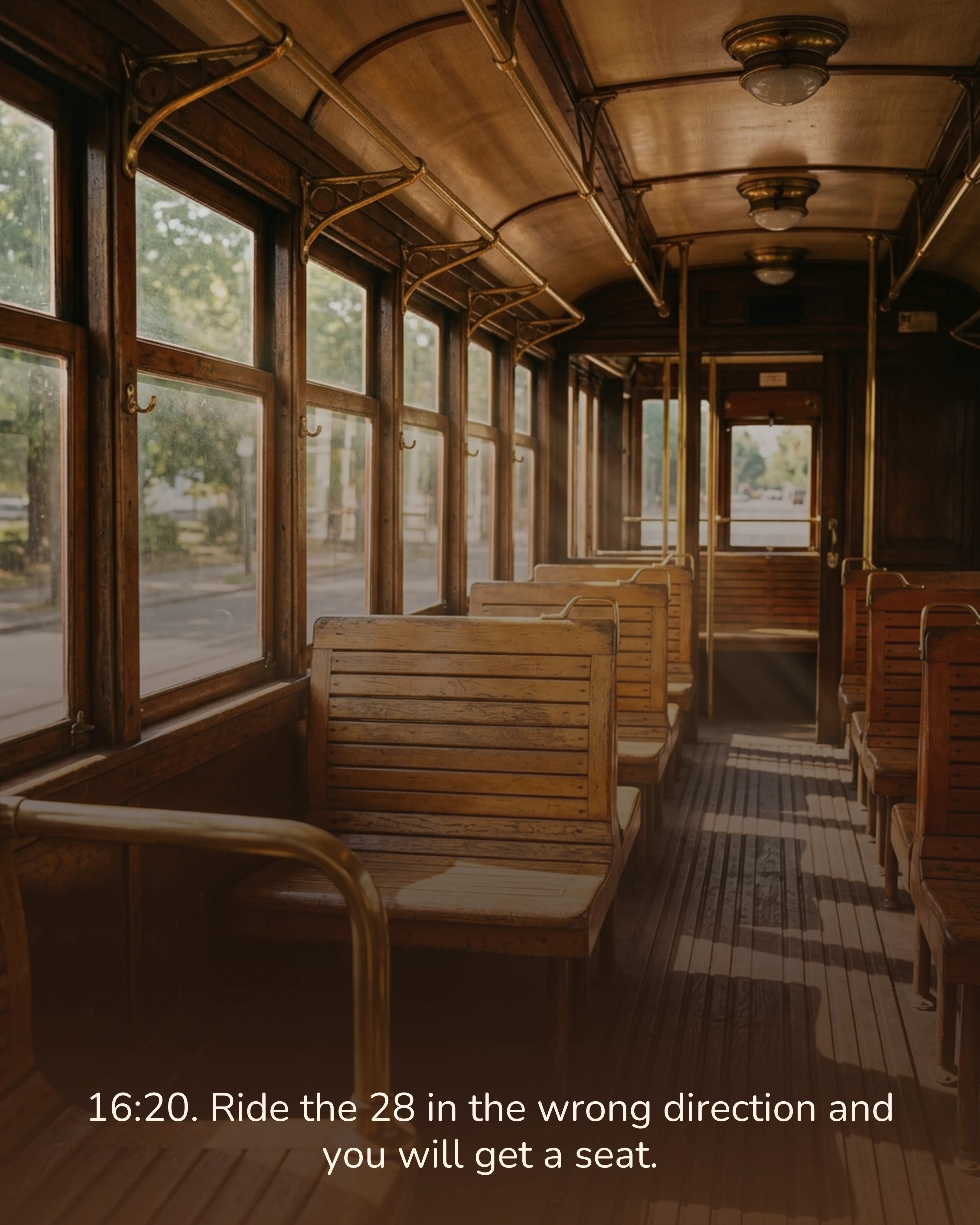 The wooden interior of an old tram