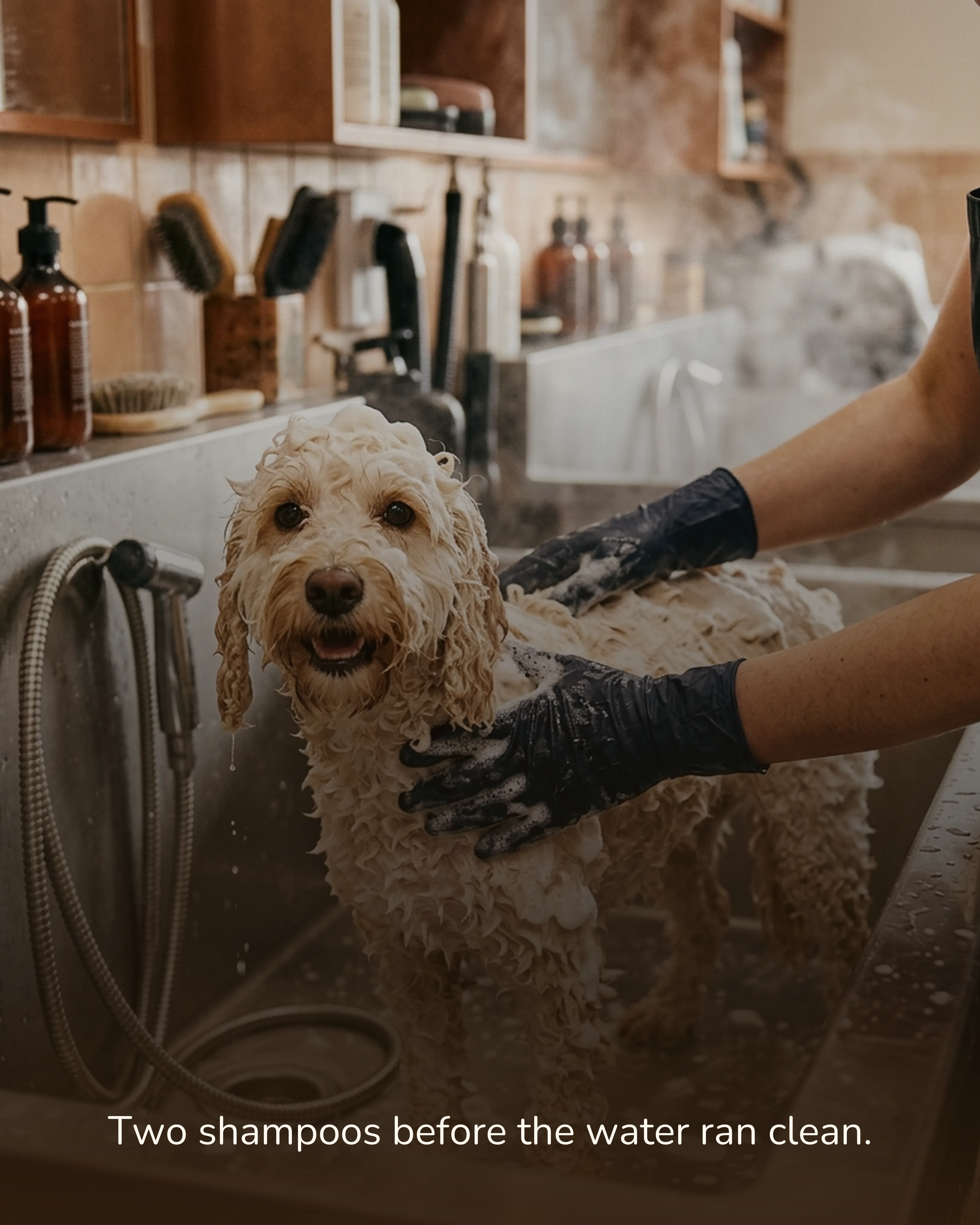 Cockapoo being bathed in a grooming tub