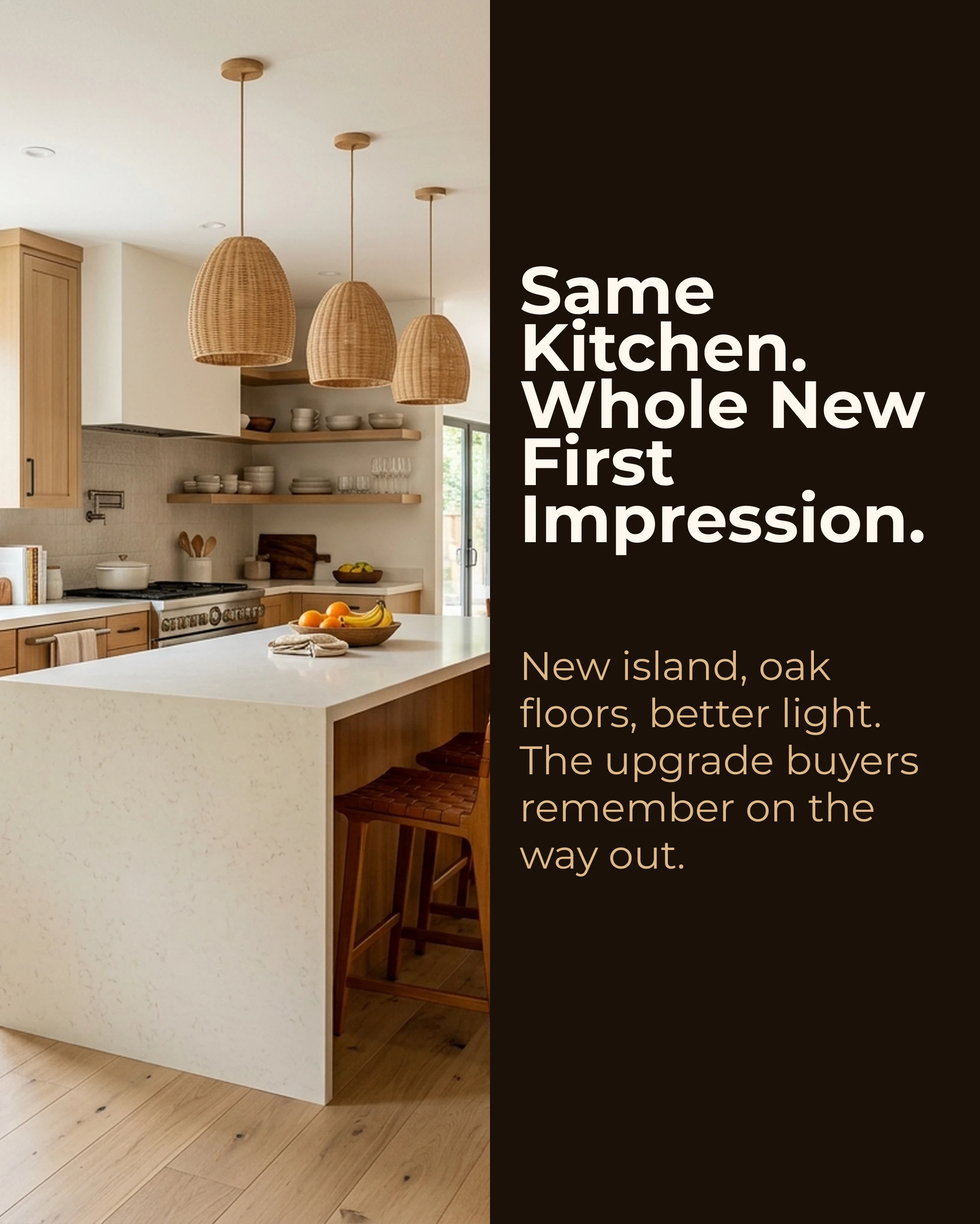 Before and after renovation carousel slide example with a photo-style modern kitchen image