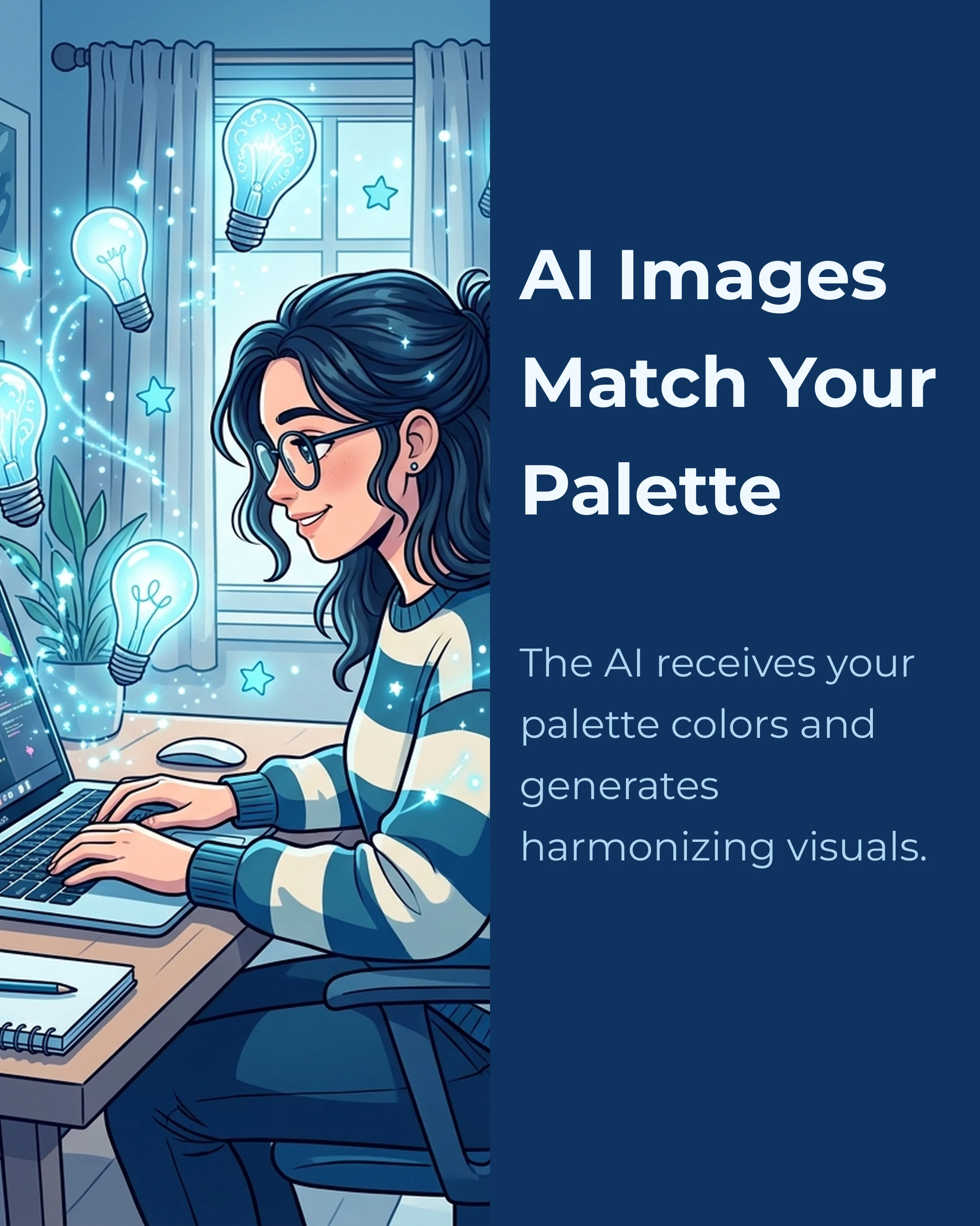 Split-image carousel slide with AI illustration matching Ocean palette