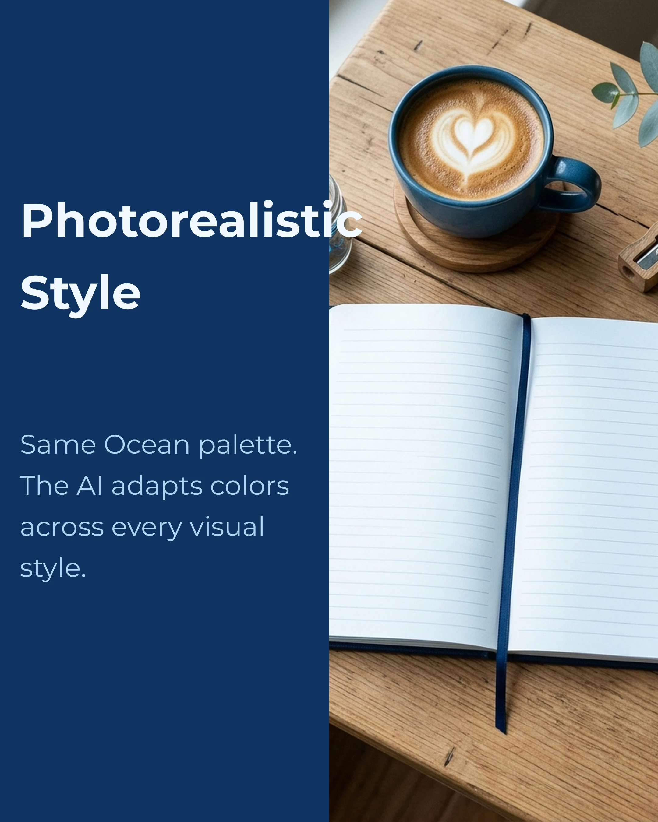 Split-image carousel slide with photorealistic image matching Ocean palette