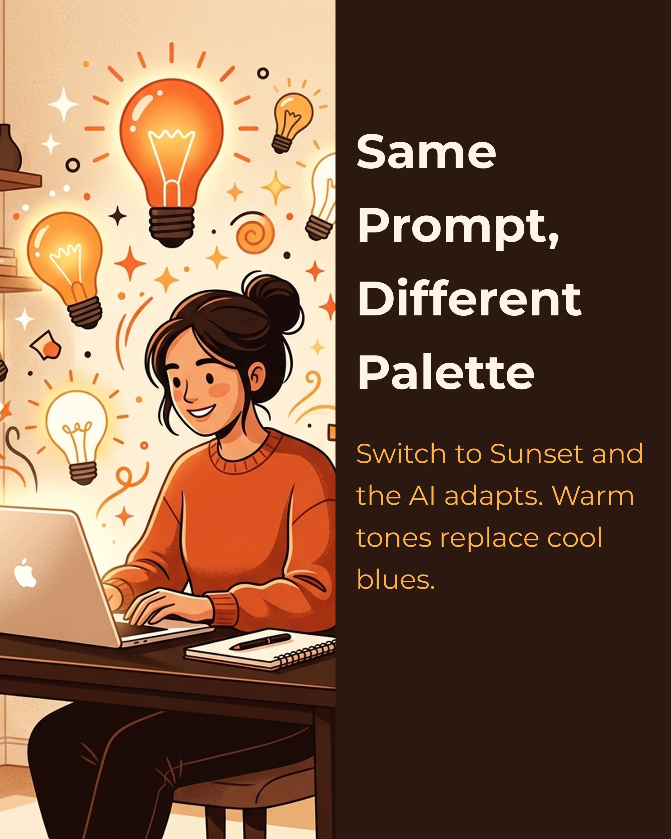 Same layout with Sunset palette — AI adapts image colors automatically