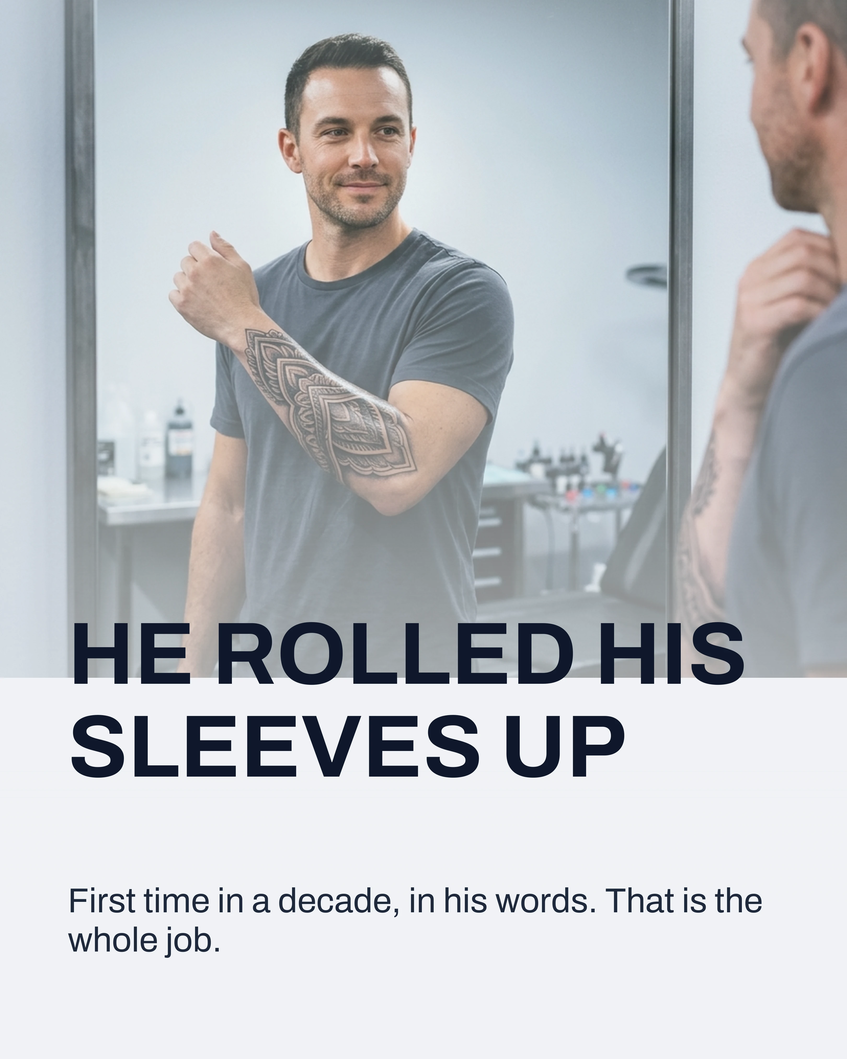The client seeing the finished forearm in the mirror