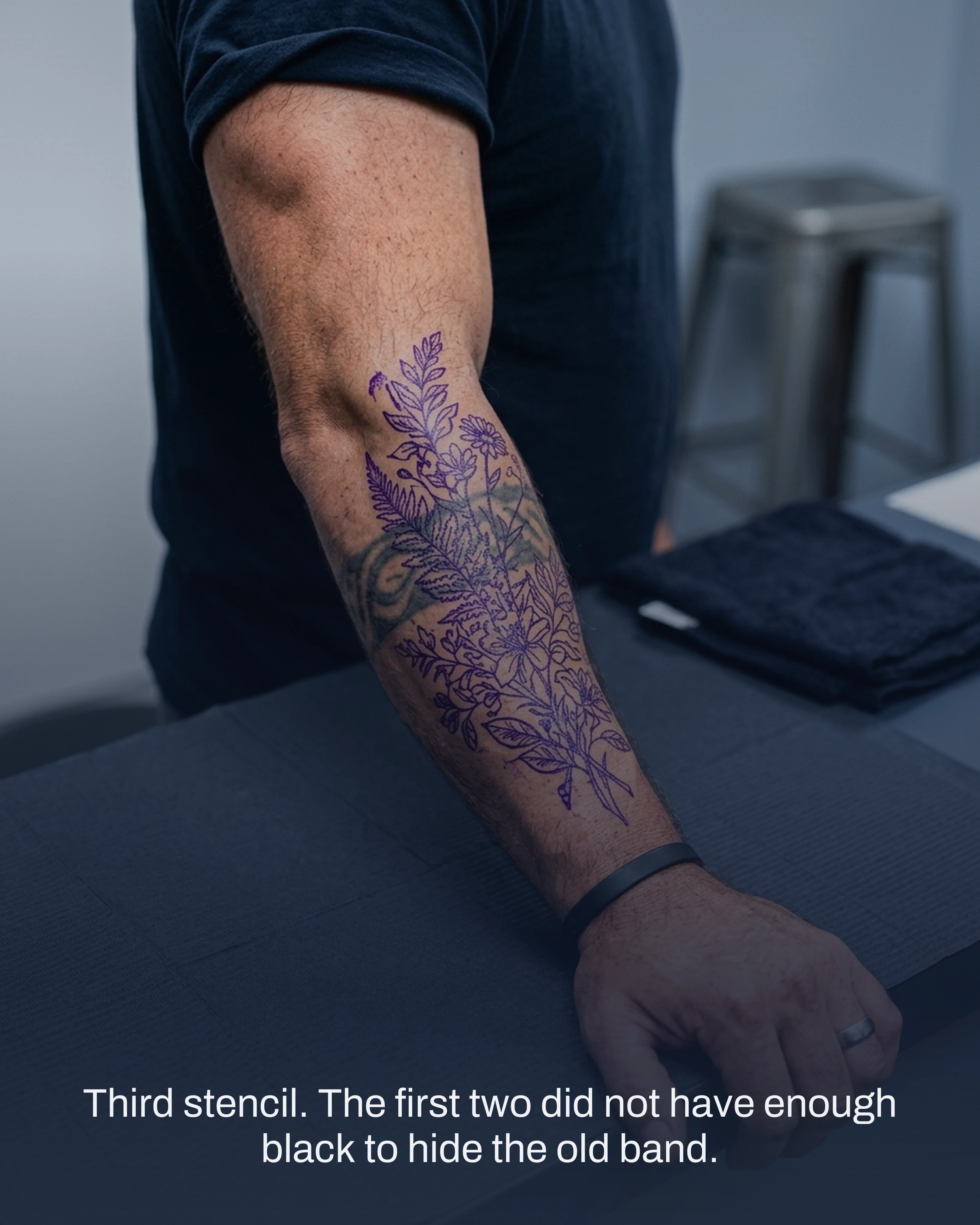 The stencil applied over the old tattoo