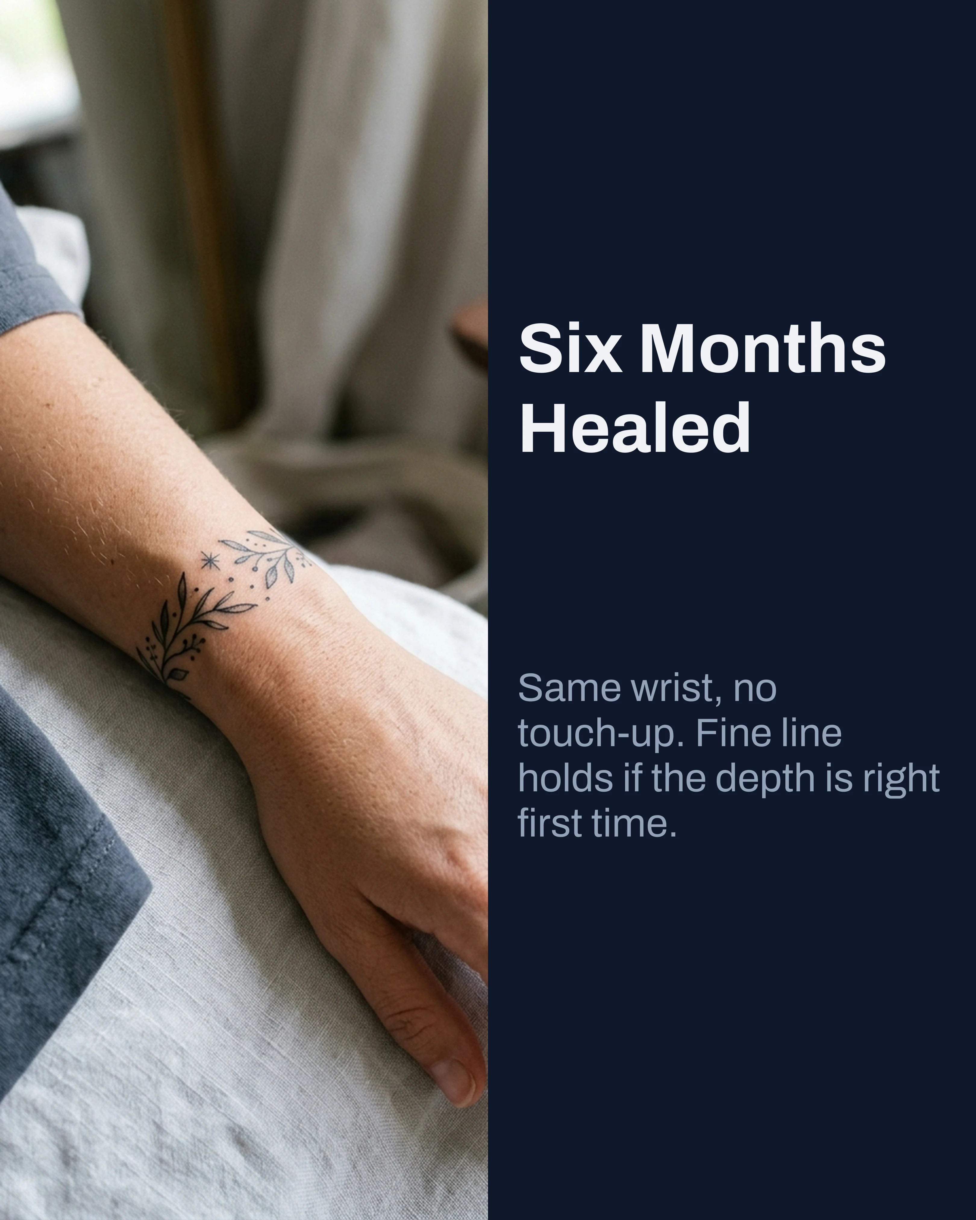 Healed fine line tattoo at six months