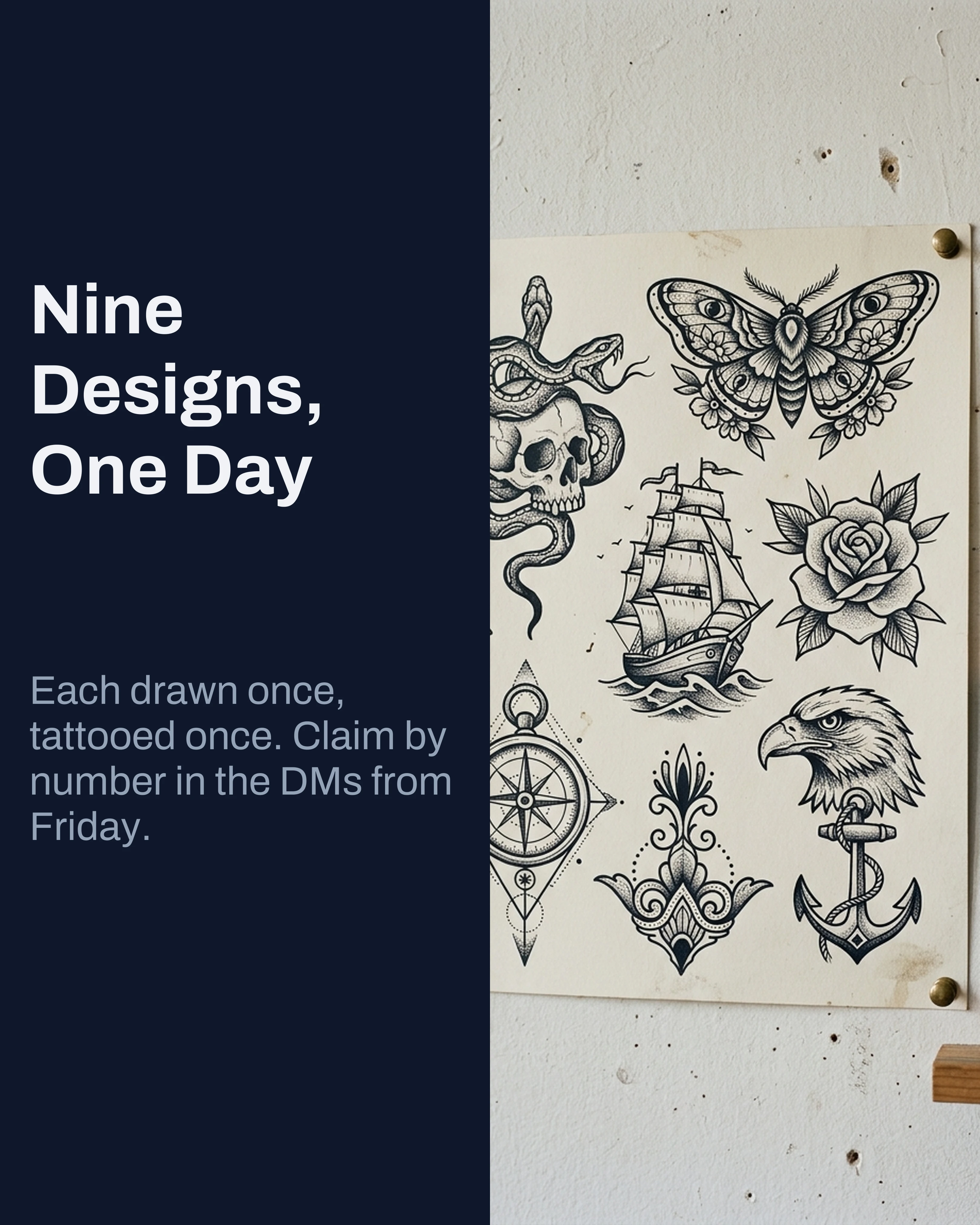 Hand-drawn flash sheet pinned in a studio