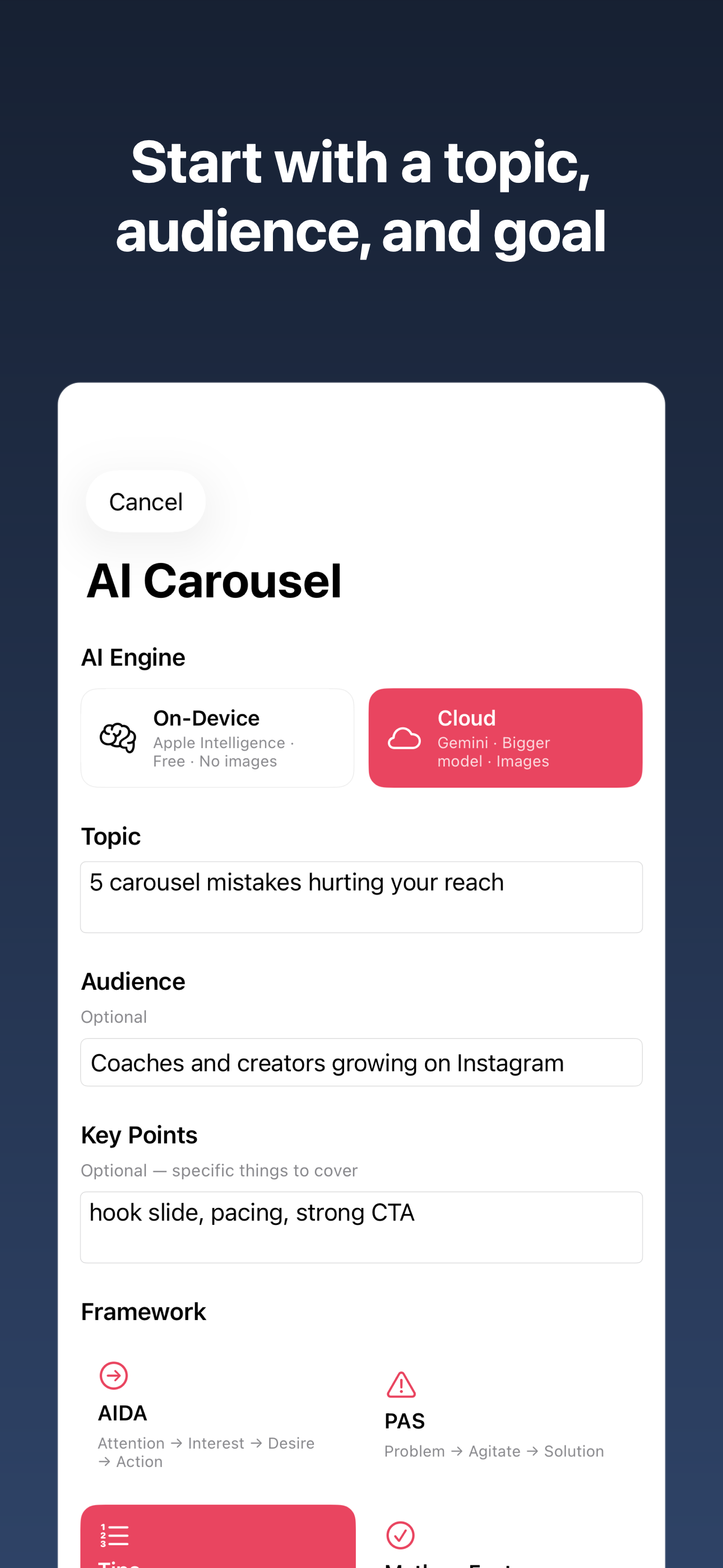 Carousel AI generation screen